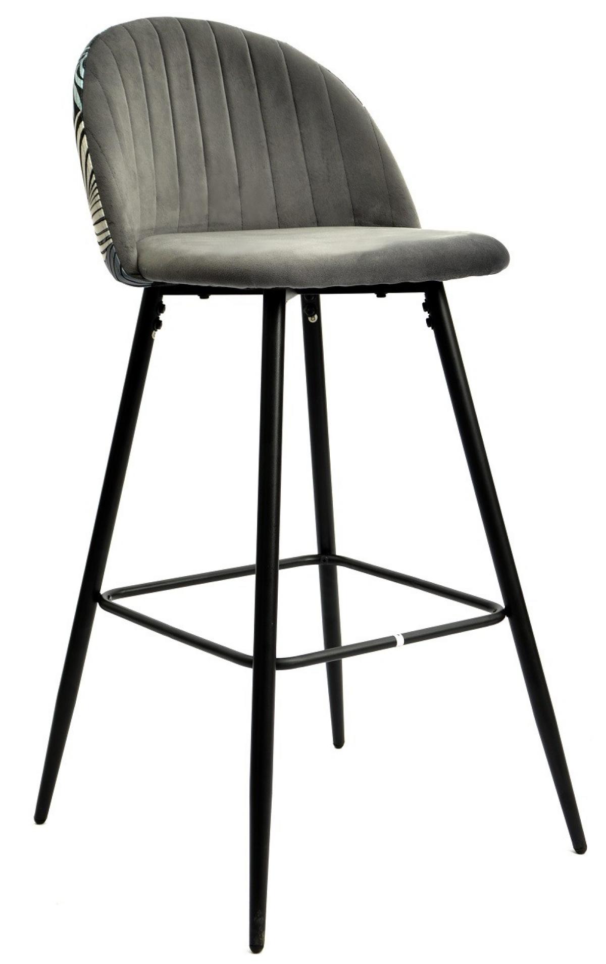 Taburete FLORAL, metal, tapizado velvet gris con trasera floral a juego