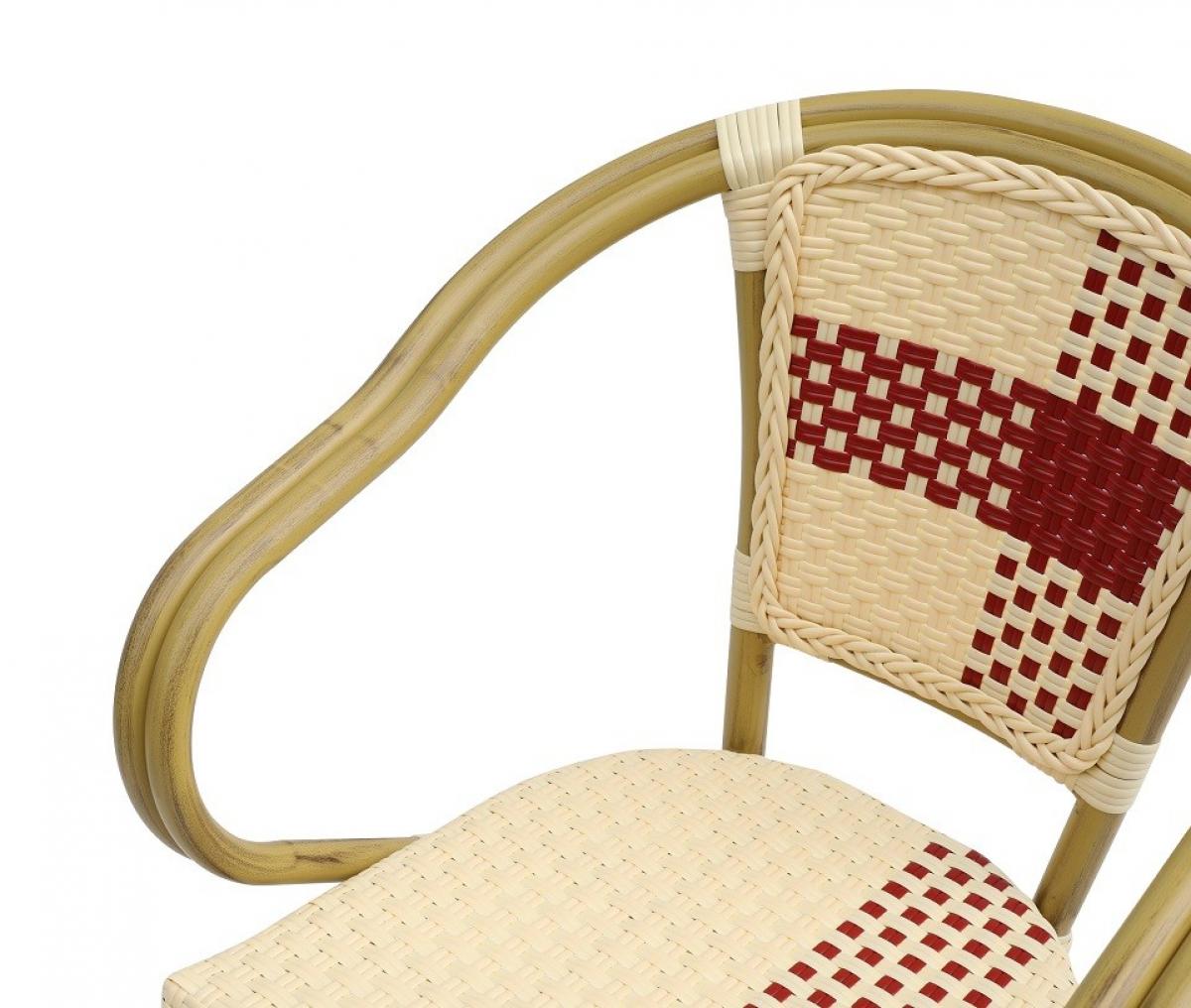 Sillón GARNIER, apilable, aluminio, ratán beige y rojo
