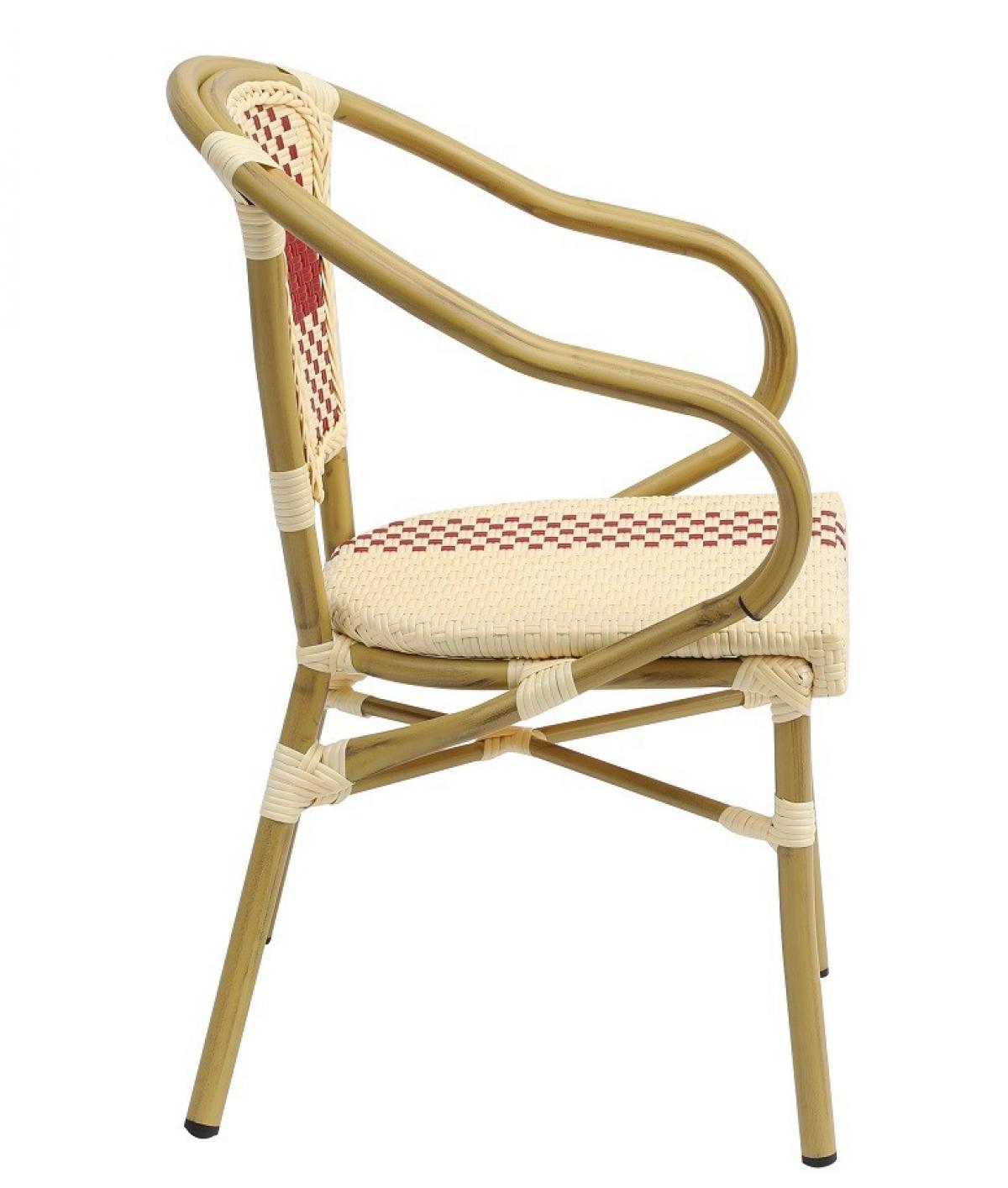 Sillón GARNIER, apilable, aluminio, ratán beige y rojo