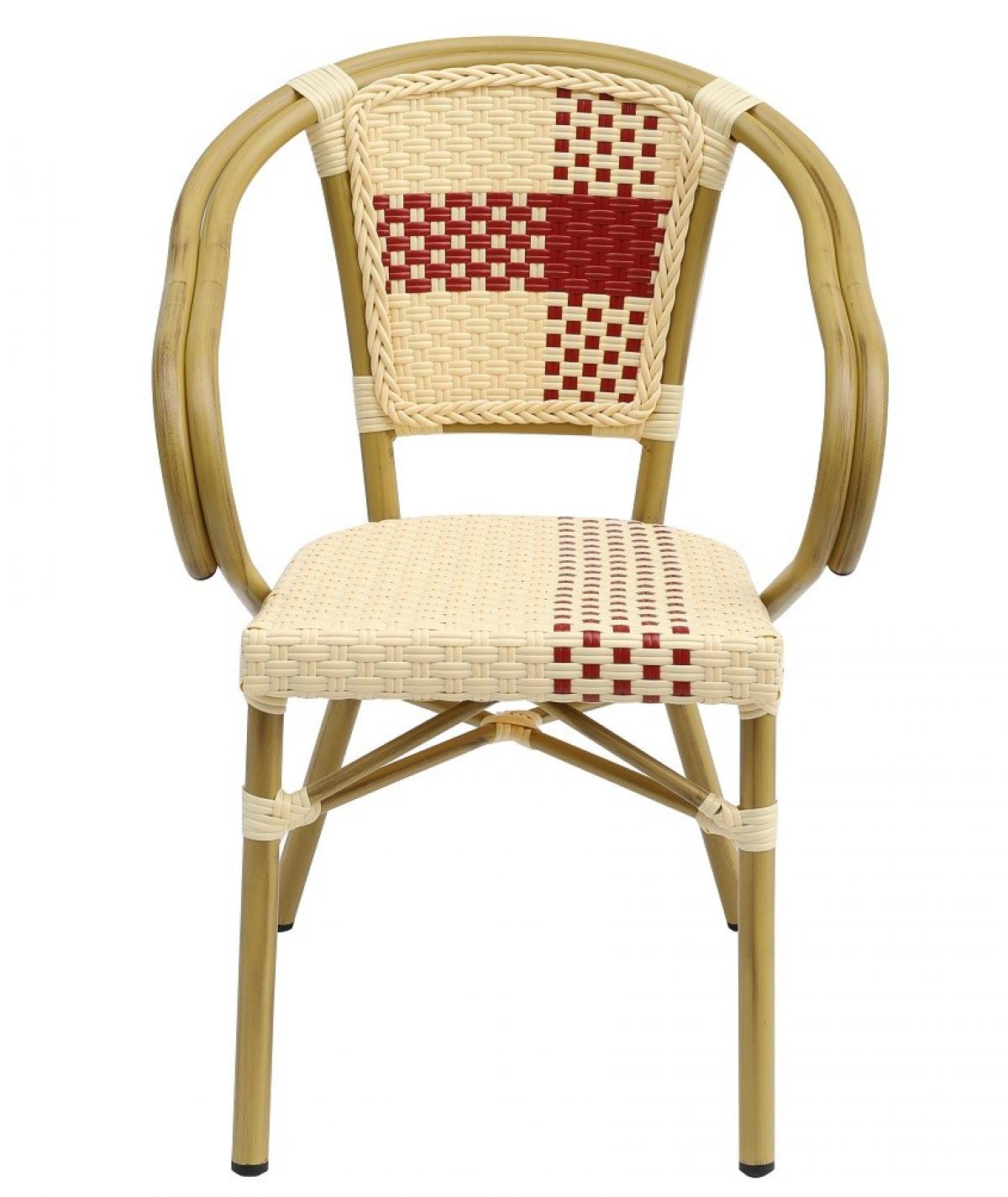 Sillón GARNIER, apilable, aluminio, ratán beige y rojo