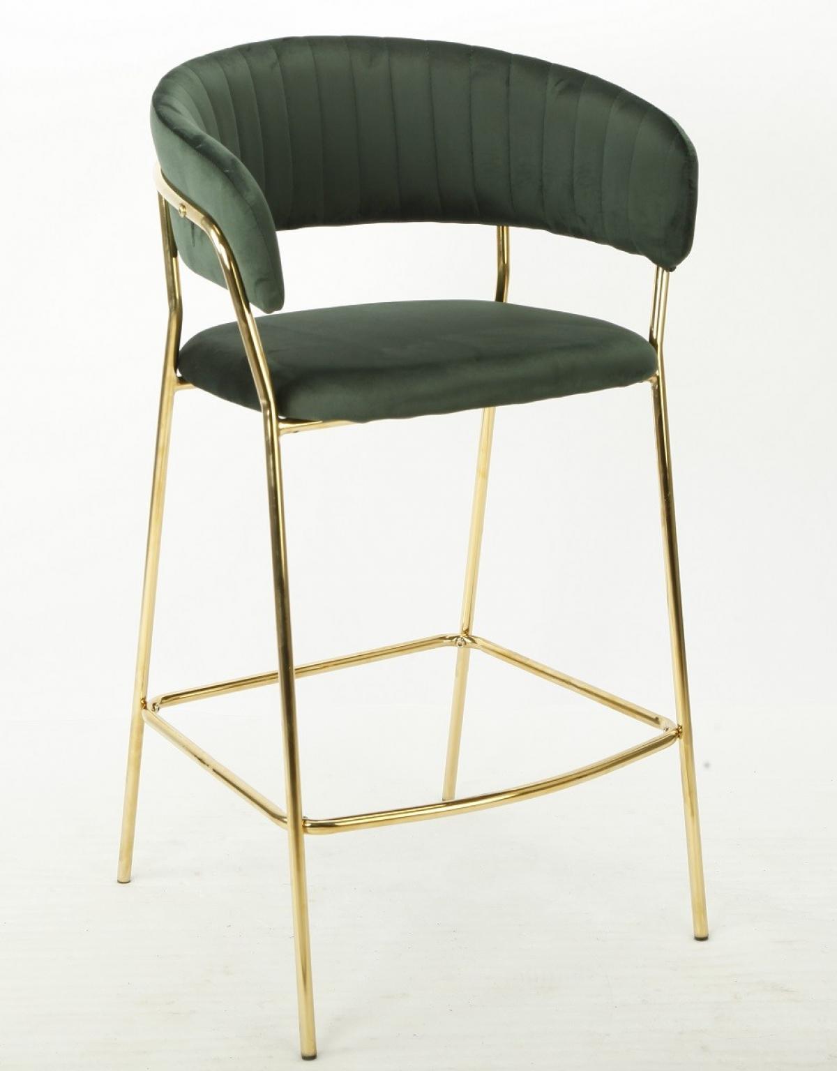 Taburete KEFREN, metal, cromado dorado, tapizado velvet verde oscuro