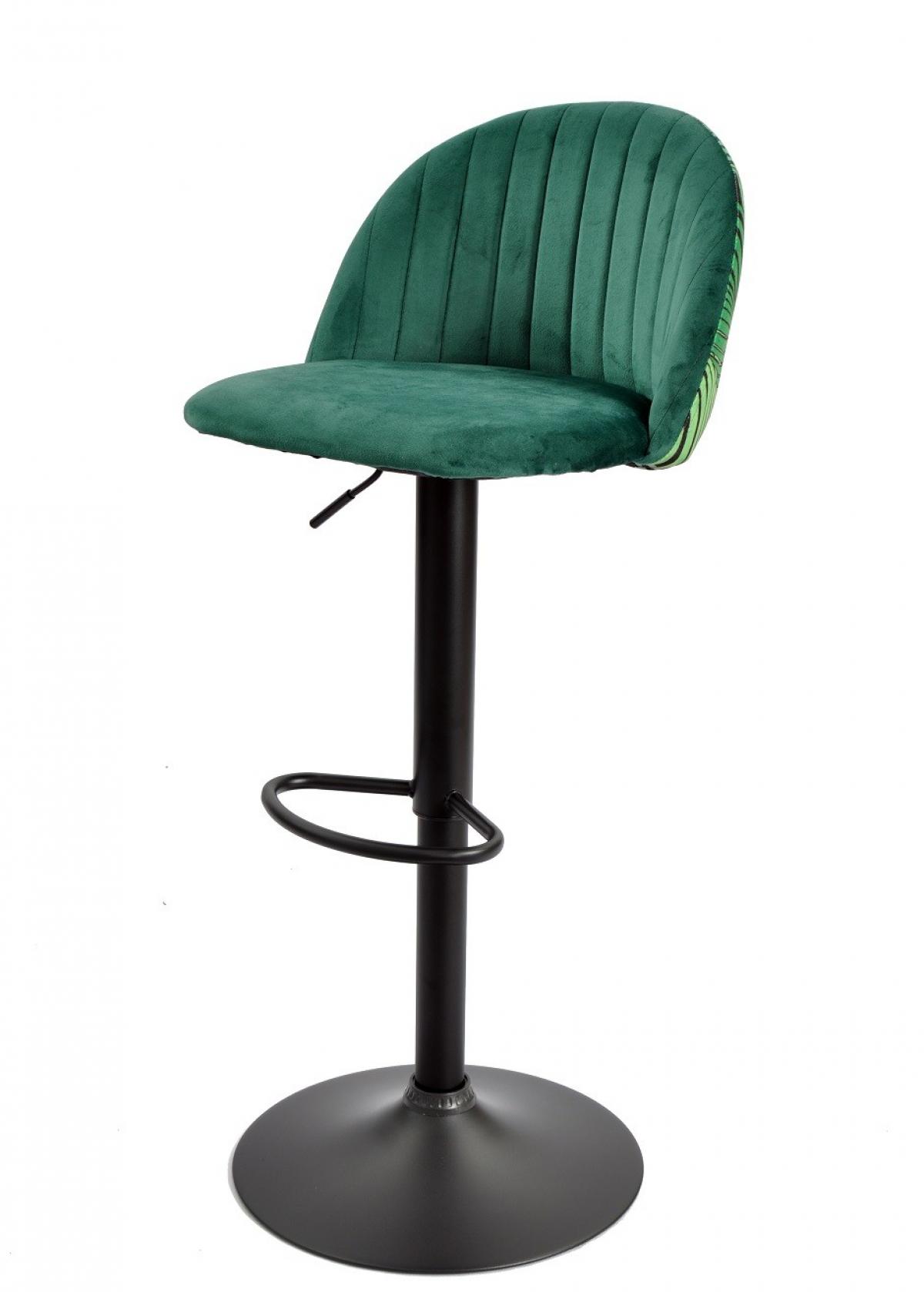 Taburete FLOWER, regulable, metal negro, tapizado velvet verde con trasera floral a juego