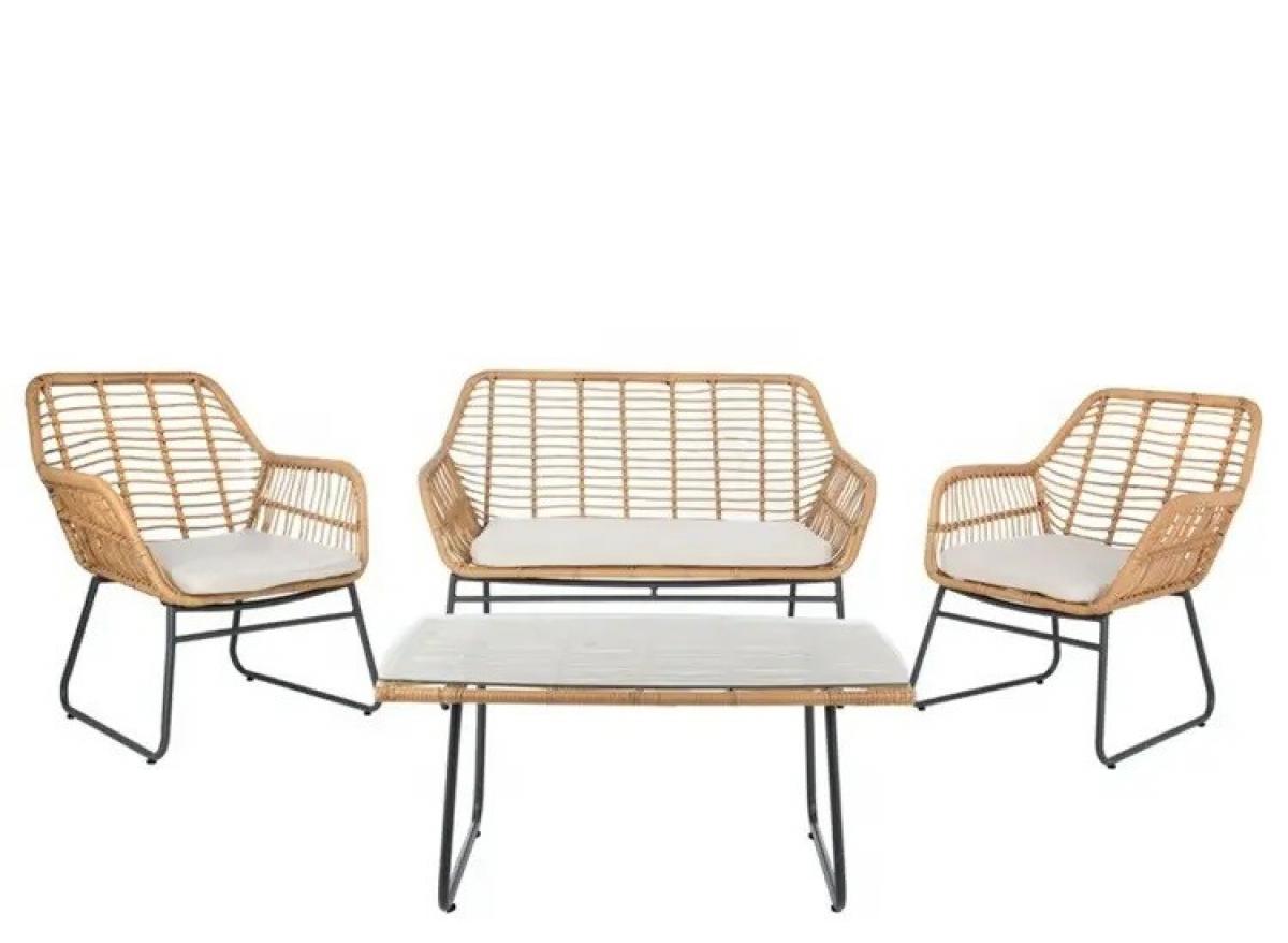 Mesa LEBENG, baja, metal, ratán, cristal, 90 x 50 cms