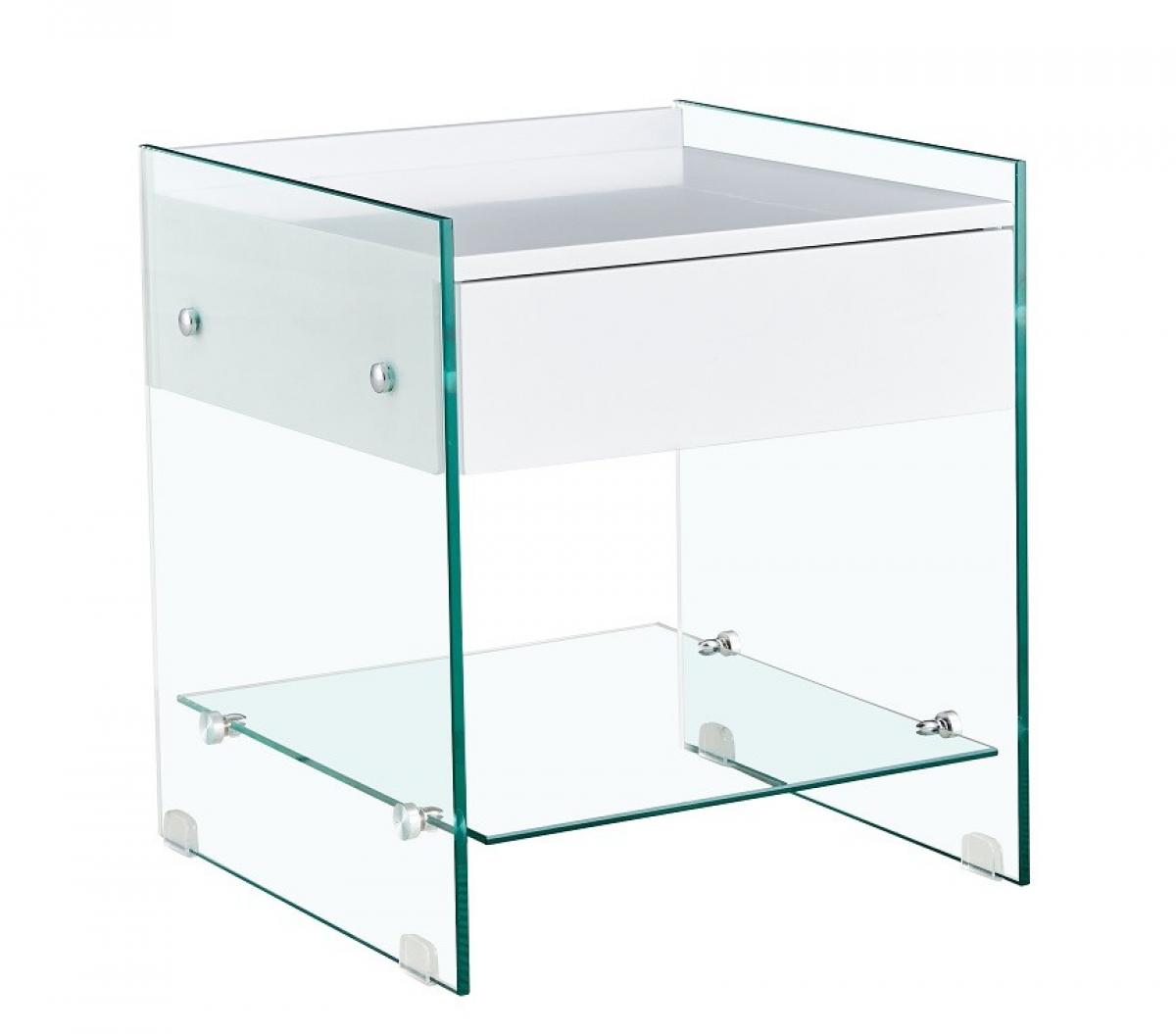 Mesa DARLING, cristal templado, cajón blanco, 45 x 45 cms
