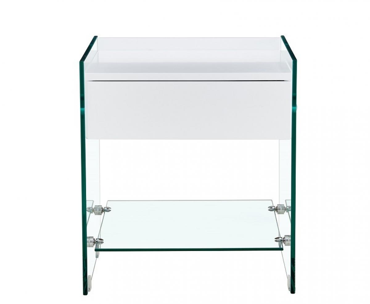 Mesa DARLING, cristal templado, cajón blanco, 45 x 45 cms