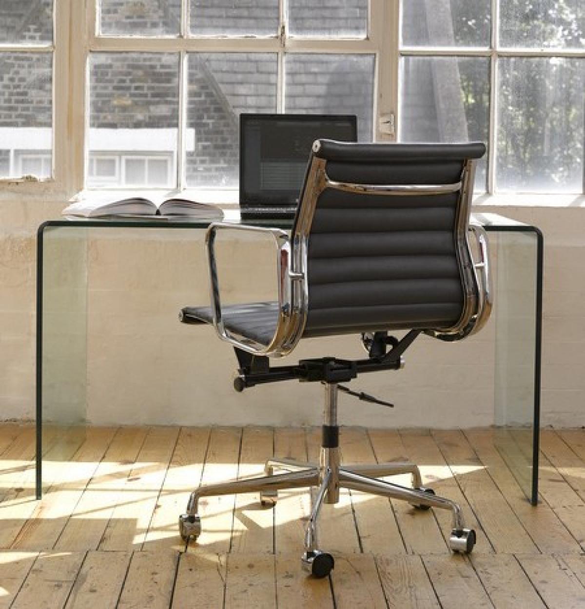 Mesa APOLO (SU), cristal curvado transparente, 125 x 70 cms