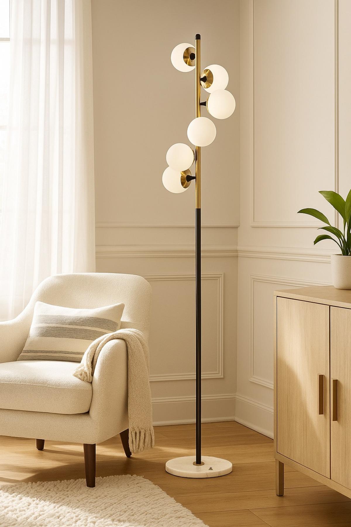 Lámpara CRACOVIA, pie salón, mármol, metal, tulipas blancas