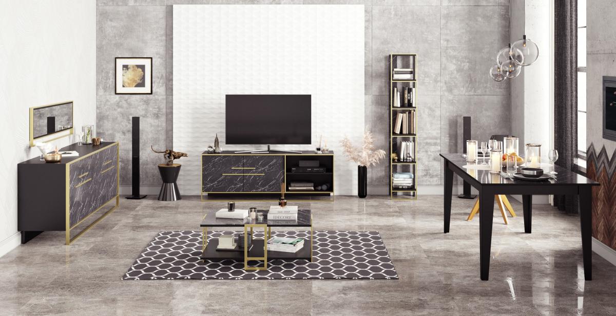 Mesa de comedor SIENA, biIaminado mármol negro, 180 x 90 cms.