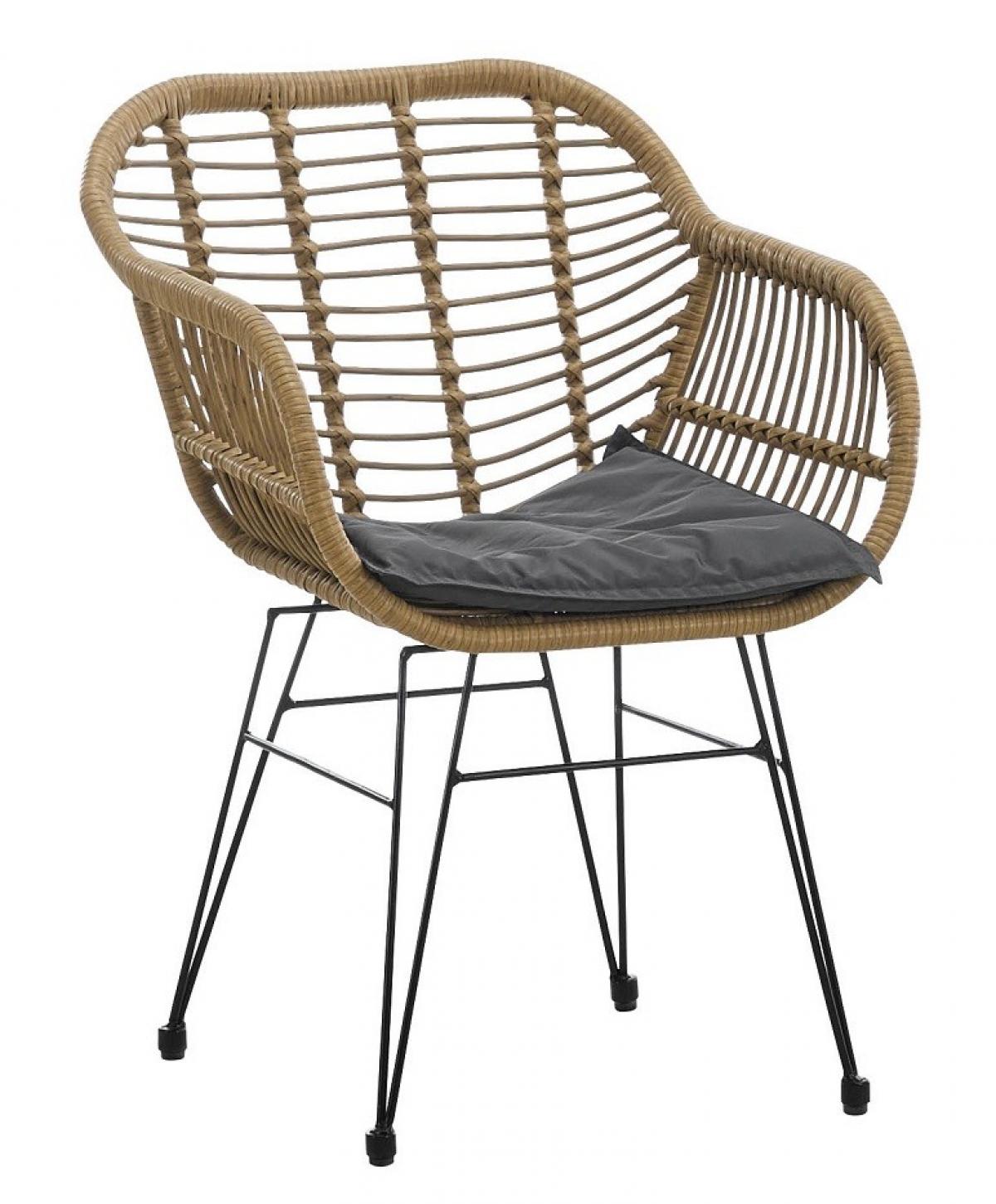 Sillón KUALA, metal, ratán beige, cojín negro