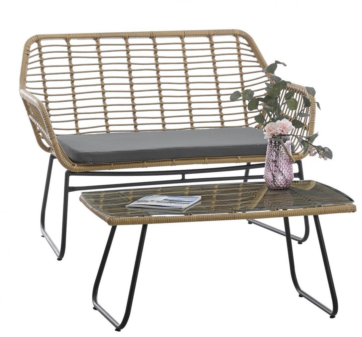 Sofá KROYA, metal, ratán beige, cojín negro