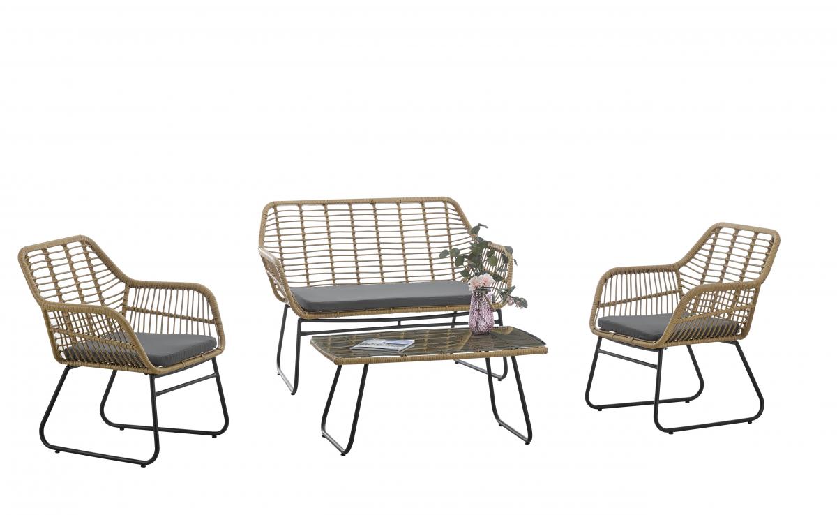 Mesa KROYA, baja, metal, ratán, cristal, 93 x 53 cms