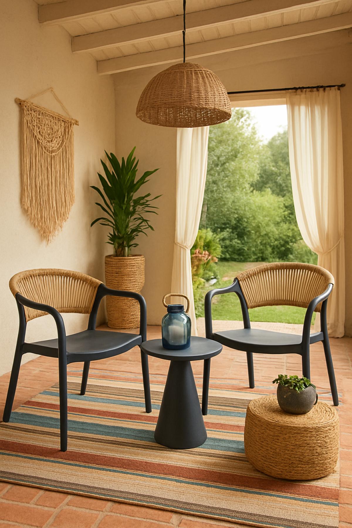 Sillón IBIZA, apilable, tratamiento anti UV, polipropileno gris oscuro, cuerda natural