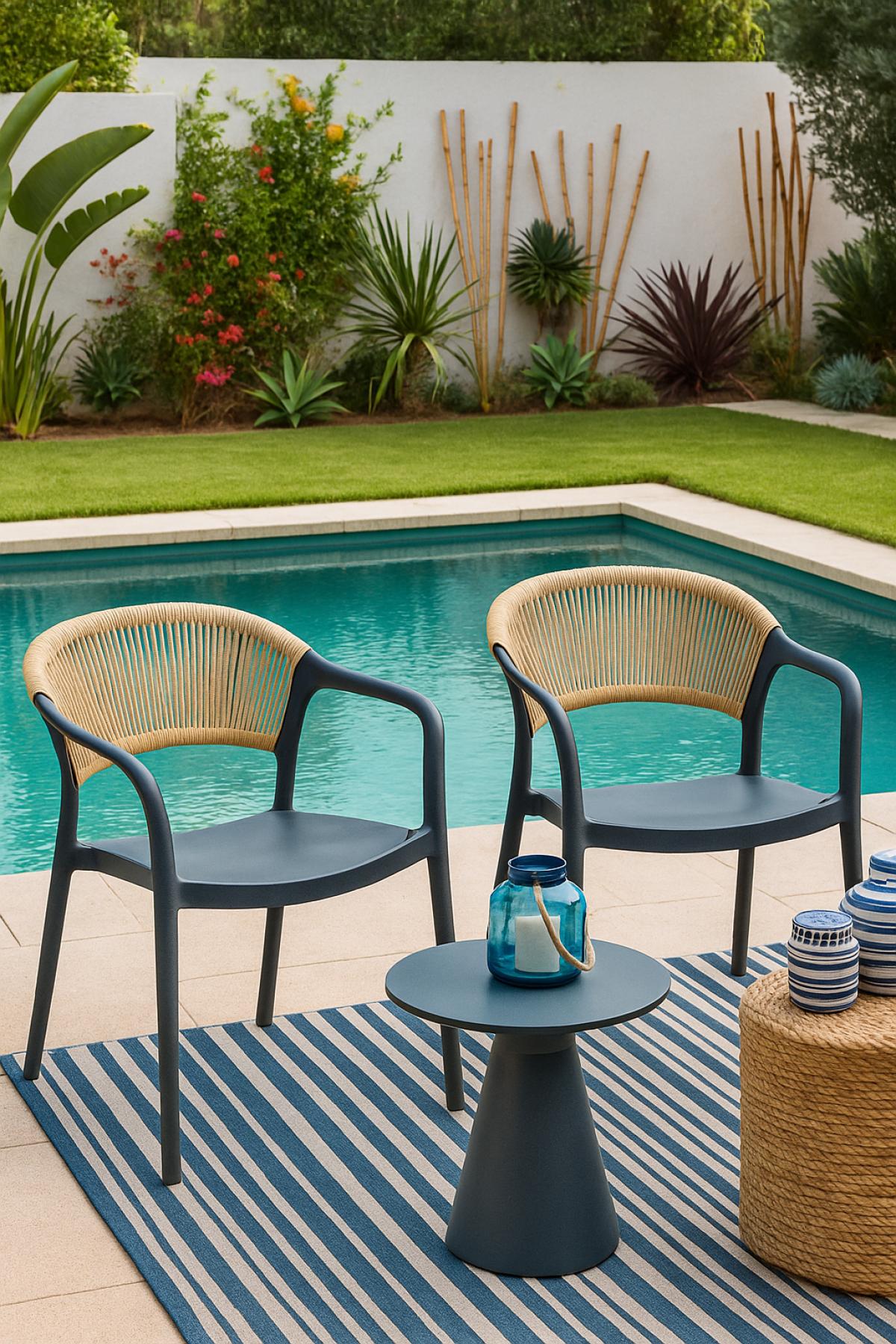 Sillón IBIZA, apilable, tratamiento anti UV, polipropileno gris oscuro, cuerda natural