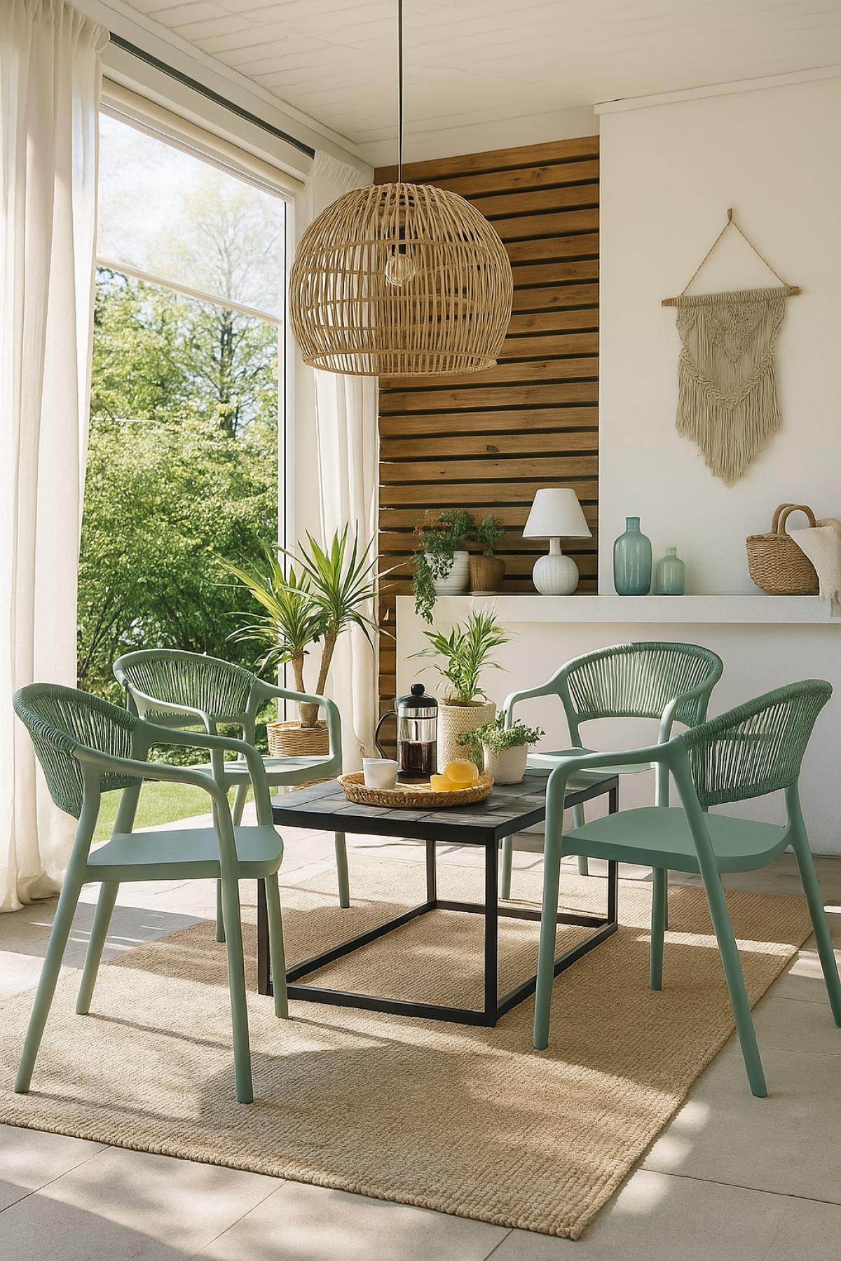 Sillón IBIZA, apilable, tratamiento anti UV, polipropileno y cuerda verde claro