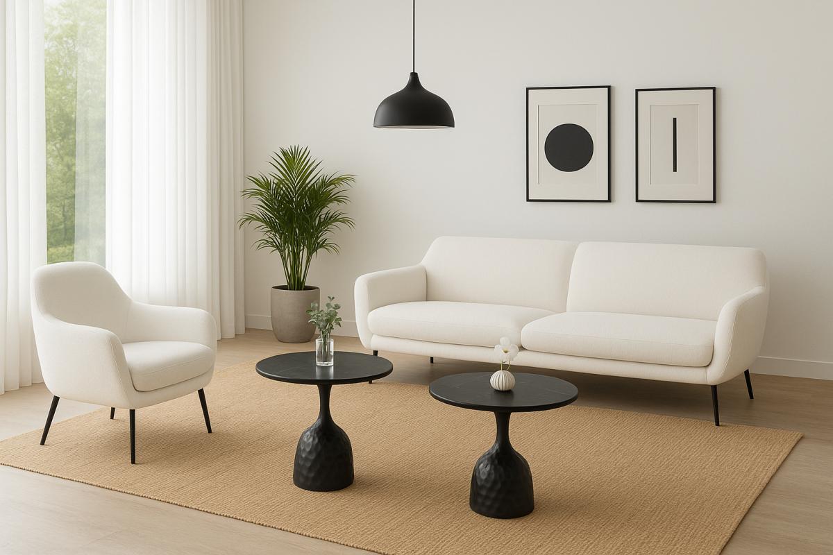 Mesa CAVEZZO, baja, negra, tapa cerámica mármol negro, 50 cms de diámetro