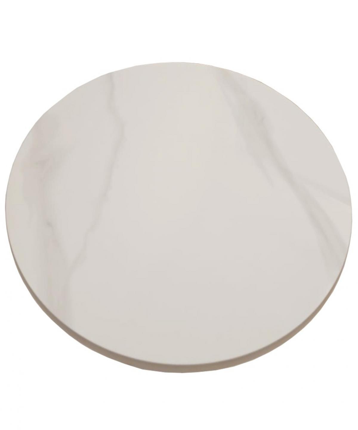 Mesa CAVEZZO, baja, blanca, tapa cerámica mármol blanco, 50 cms de diámetro