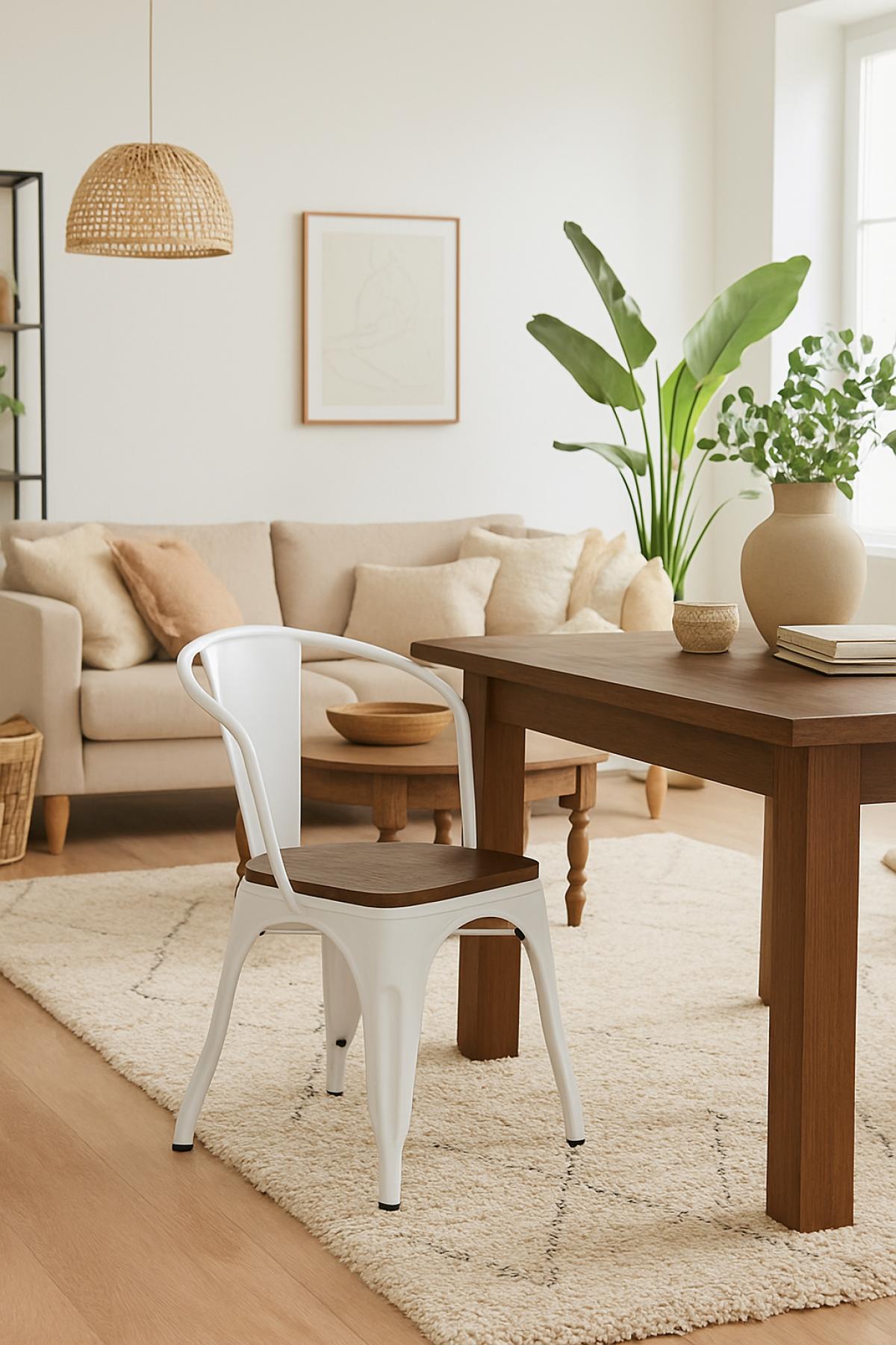 Sillón TOL EK WOOD, acero, blanco, asiento madera