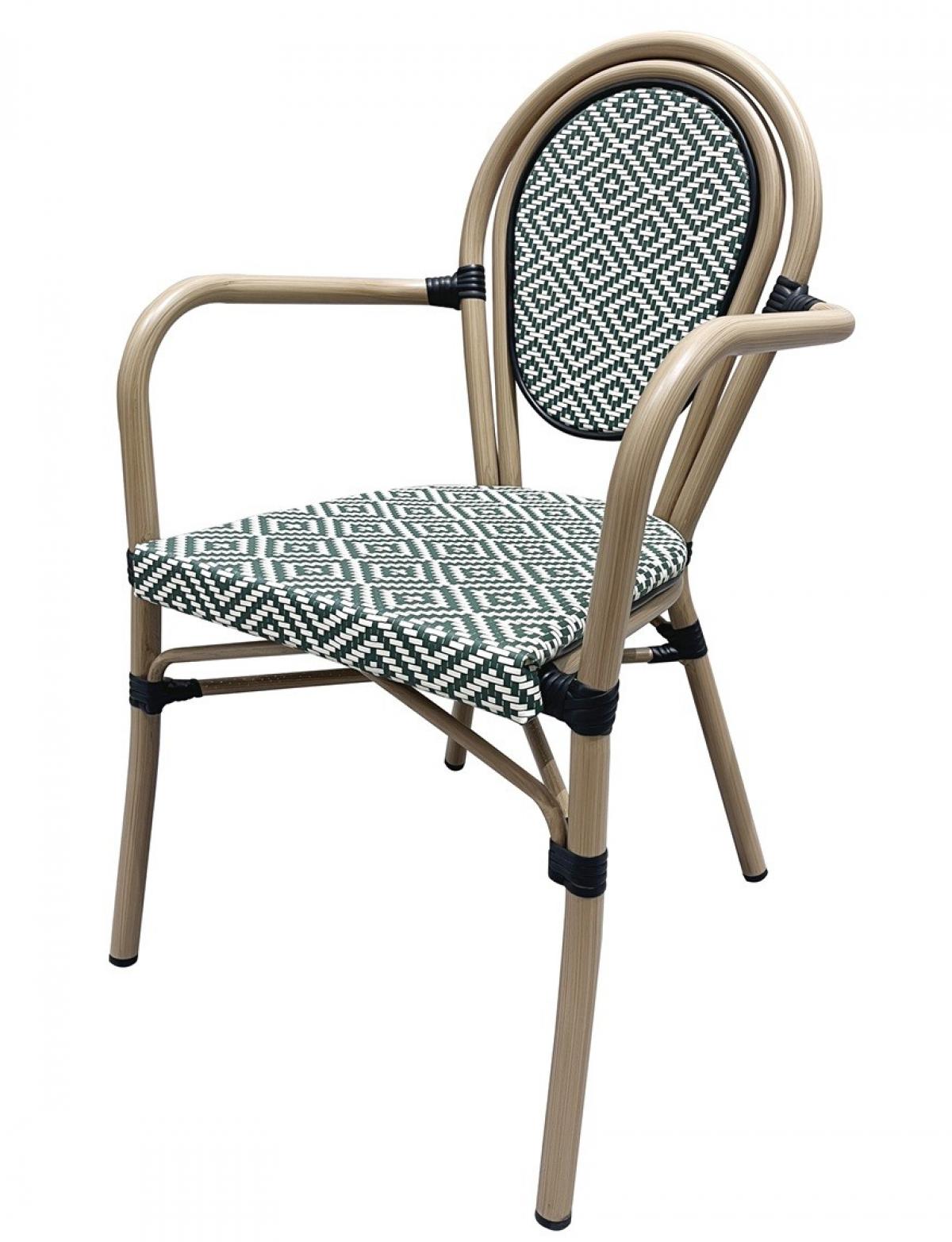 Sillón TARAMAY, apilable, aluminio, mesh crema y verde