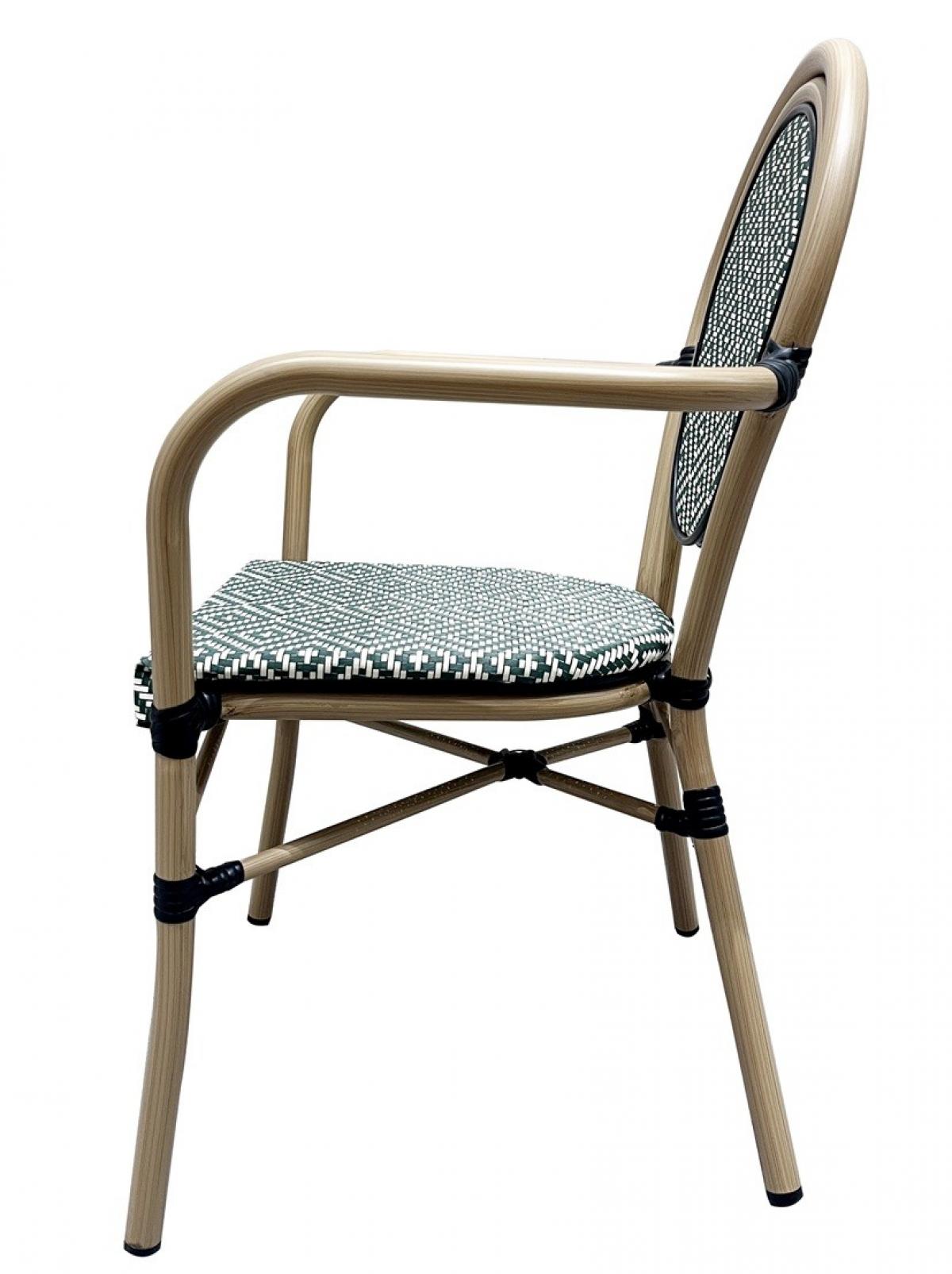 Sillón TARAMAY, apilable, aluminio, mesh crema y verde