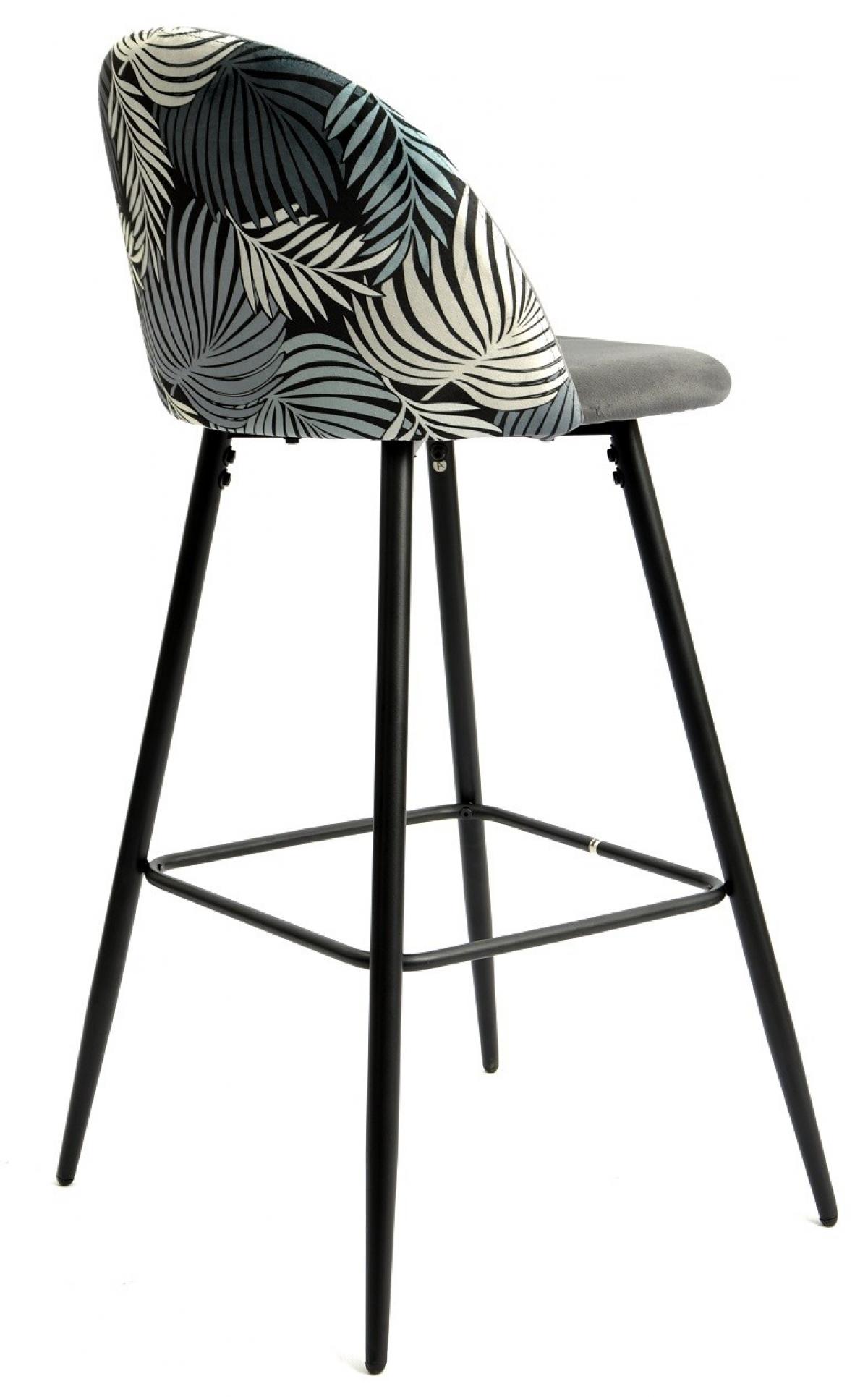 Taburete FLORAL, metal, tapizado velvet gris con trasera floral a juego