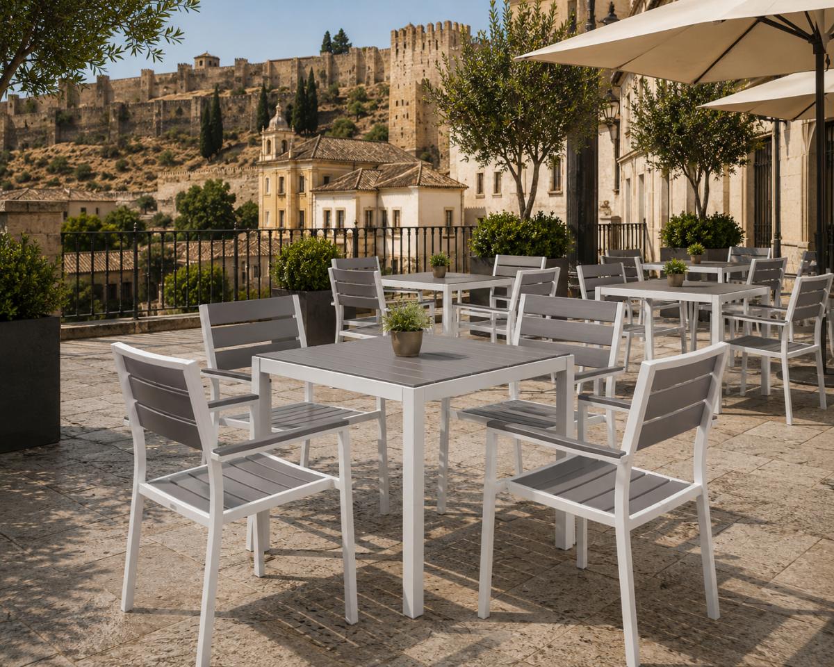 Sillón GARIBALDI, apilable, metal blanco, polywood gris
