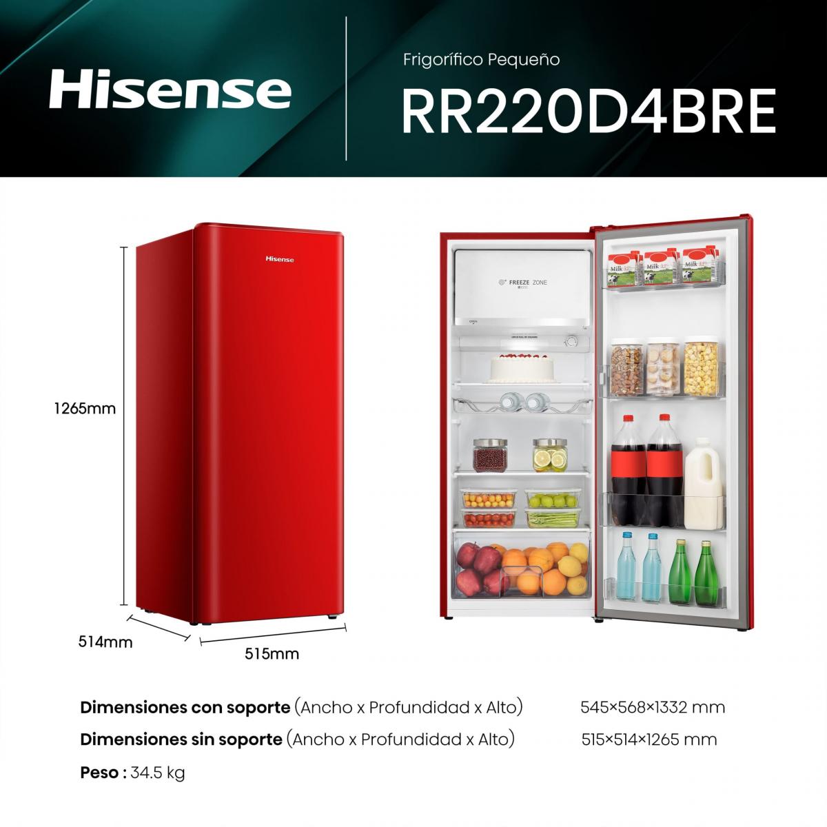 FRIGORIFICO 1P. HISENSE RR220D4BRE 126,5X51,5 CICLICO E C-CONG. ROJO 165L