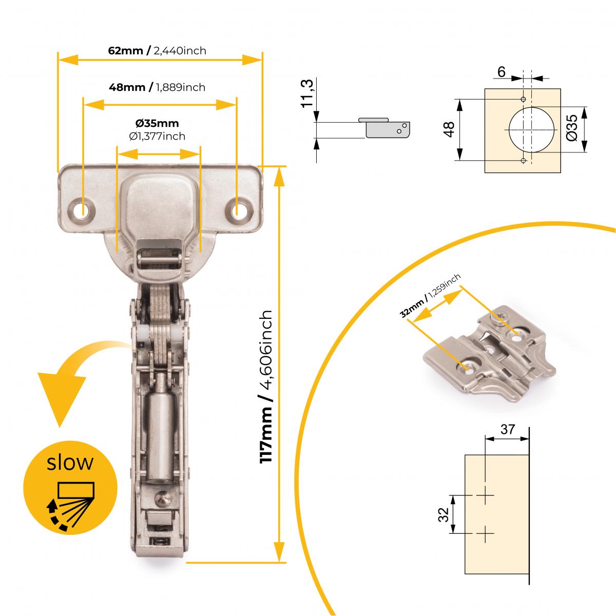 Kit de bisagra recta X91 con cierre suave y suplemento