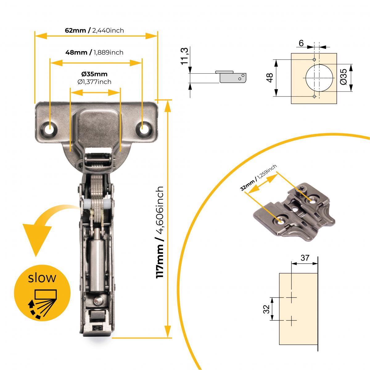 Kit de bisagra recta X91 con cierre suave y suplemento