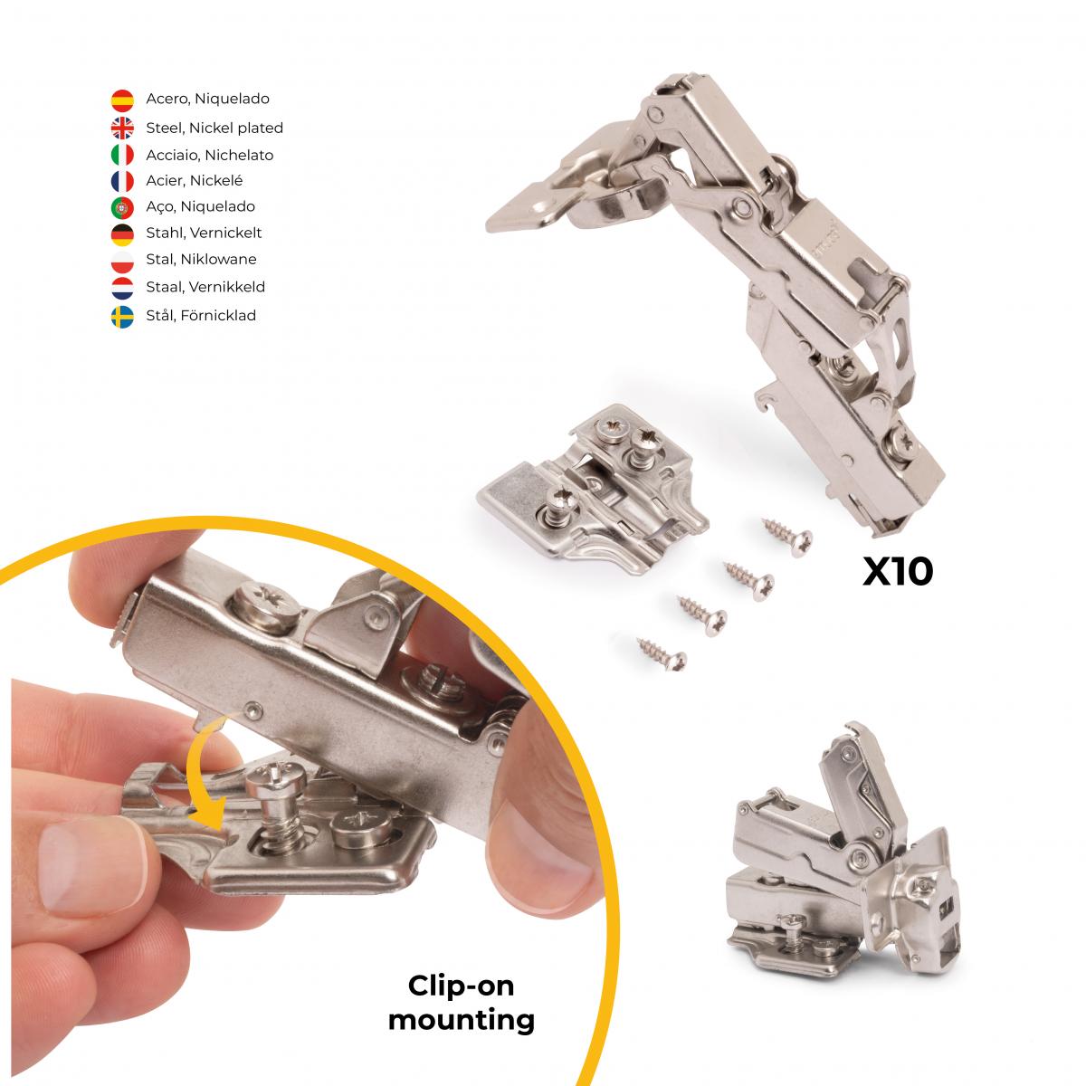 Kit de bisagra codo X91 de apertura 165º con cierre suave y suplemento