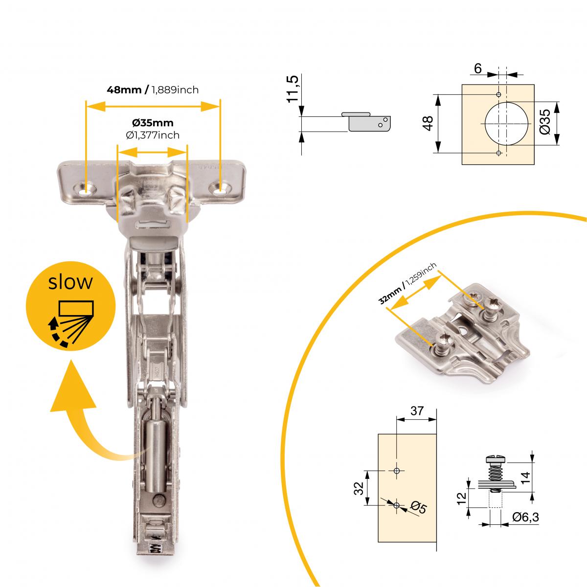 Kit de bisagra supercodo X91 de apertura 165º con cierre suave y suplemento