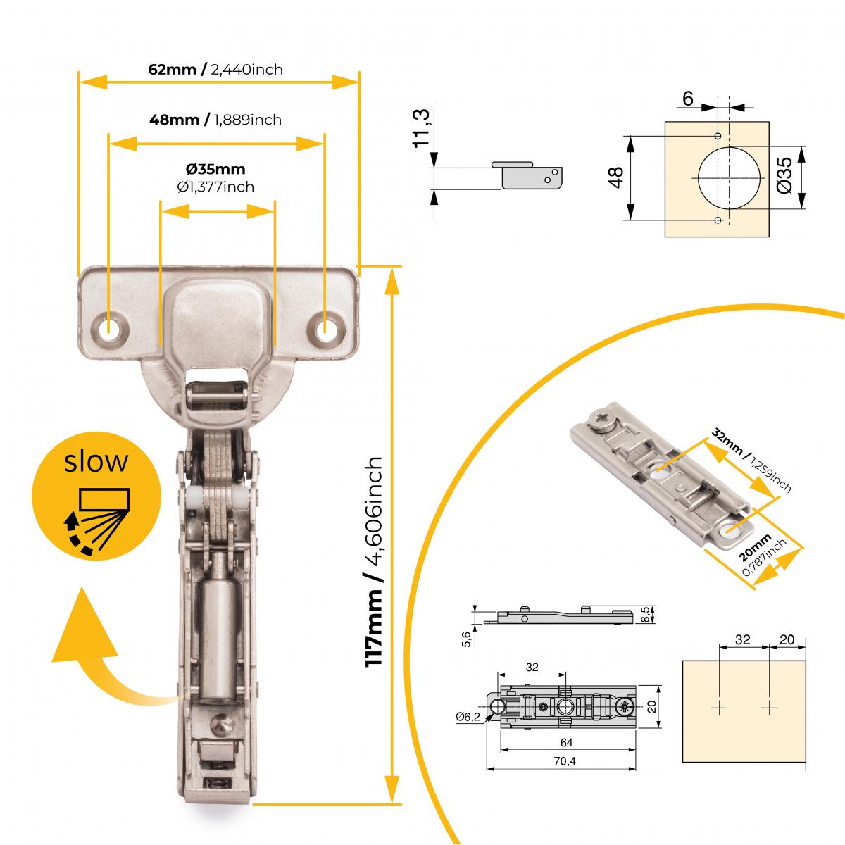 Kit de bisagra recta X91 con cierre suave y suplemento recto