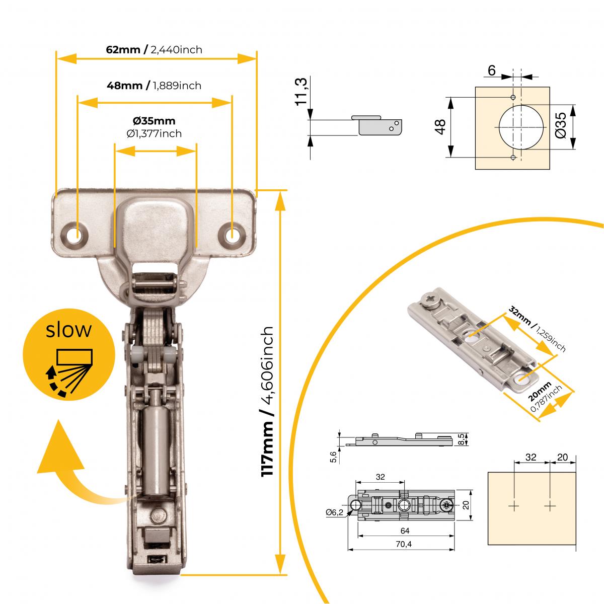 Kit de bisagra codo X91 con cierre suave y suplemento recto