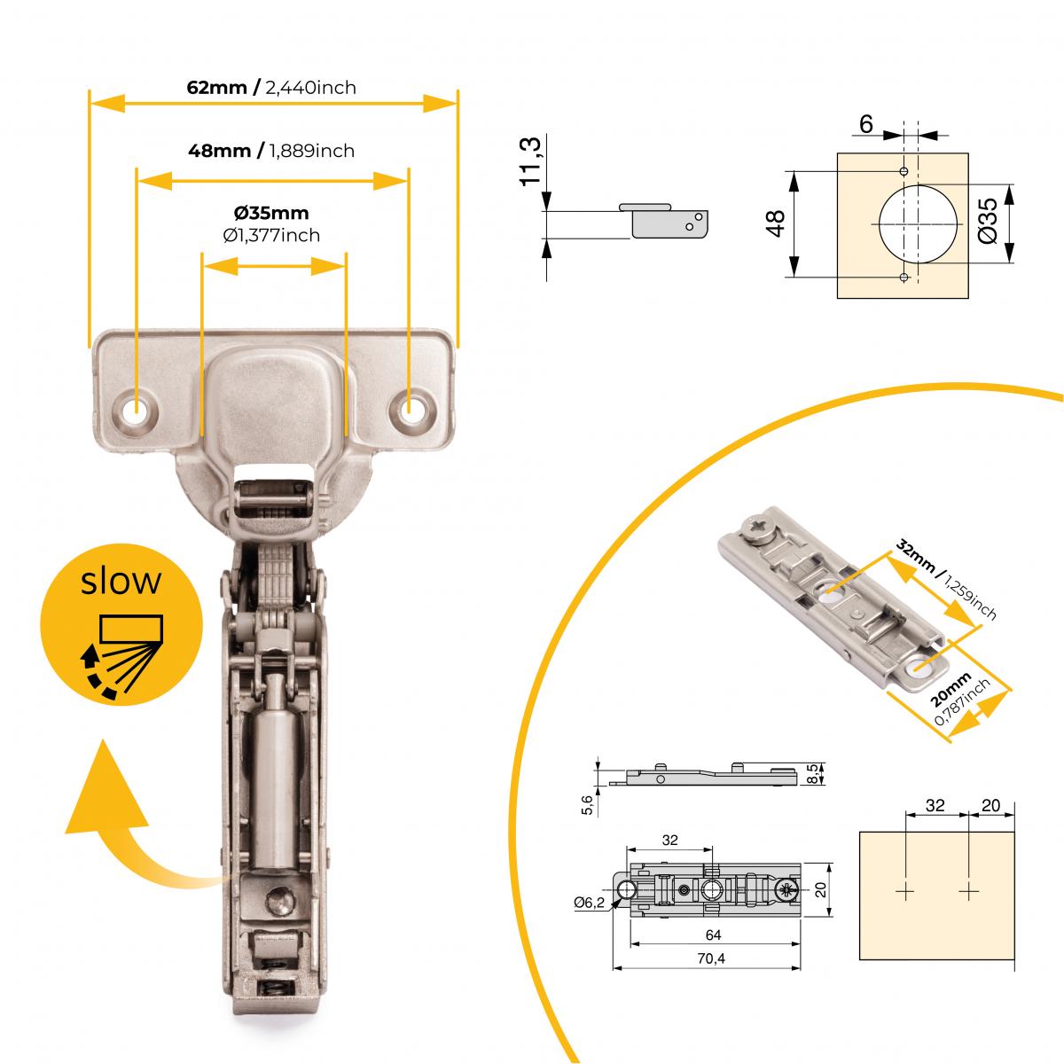 Kit de bisagra supercodo X91 con cierre suave y suplemento recto