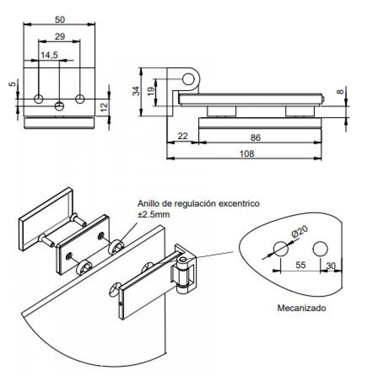 Bisagra para puerta de cristal con pala de 34mm