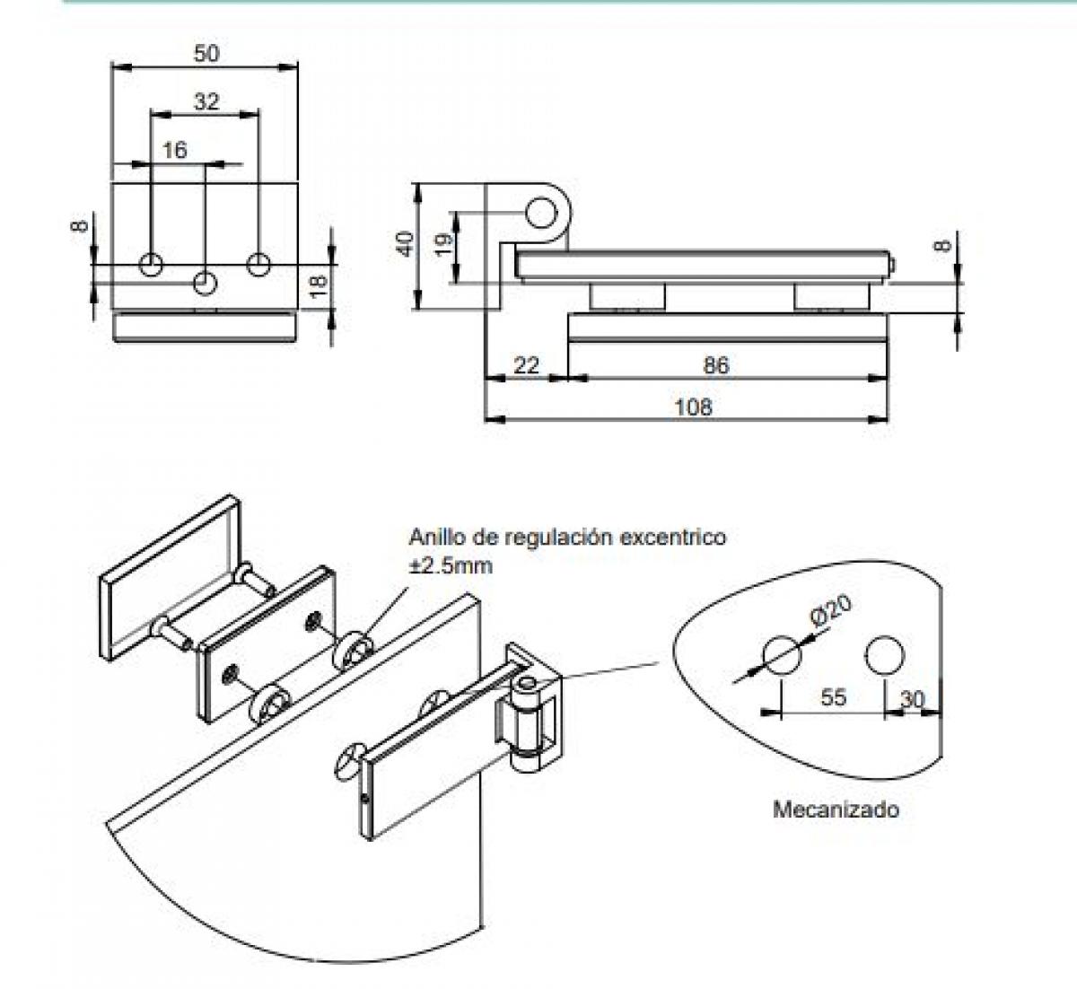 Bisagra para puerta de cristal con pala de 40mm