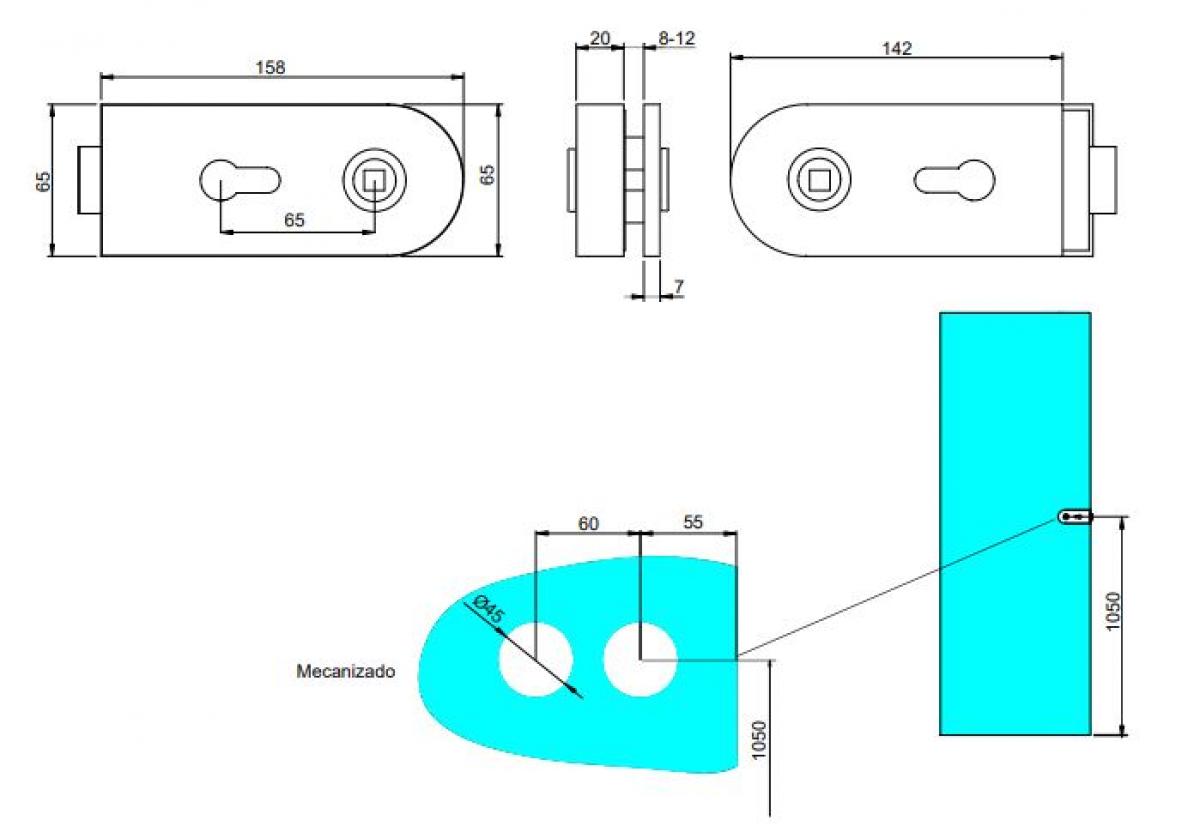Kit de cerradura y cerradero para puerta doble de cristal