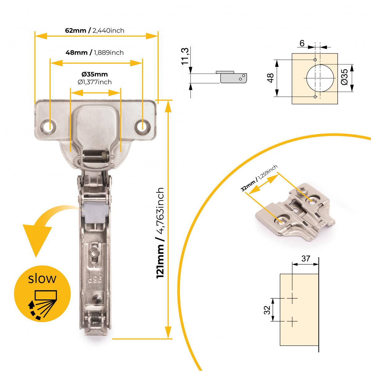 Kit de bisagra recta X92 con cierre suave y suplemento