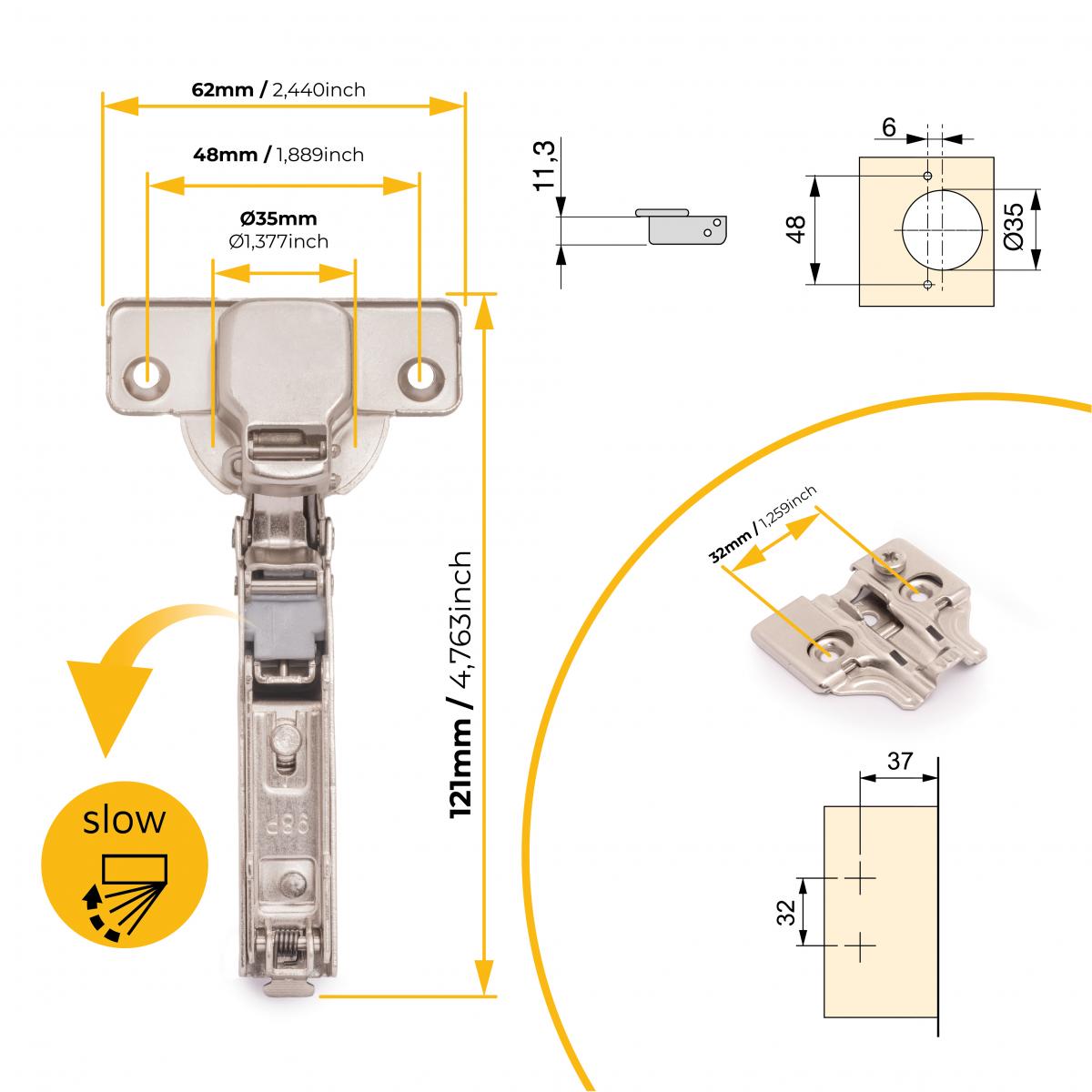 Kit de bisagra codo X92 con cierre suave y suplemento