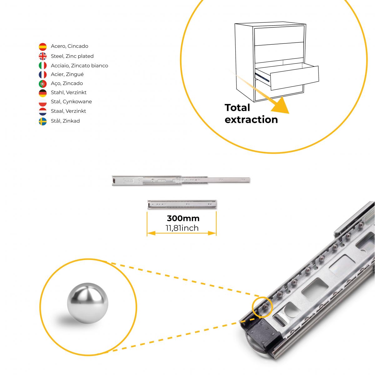 Juego de guías de bolas para cajones con extracción total, altura 45 mm