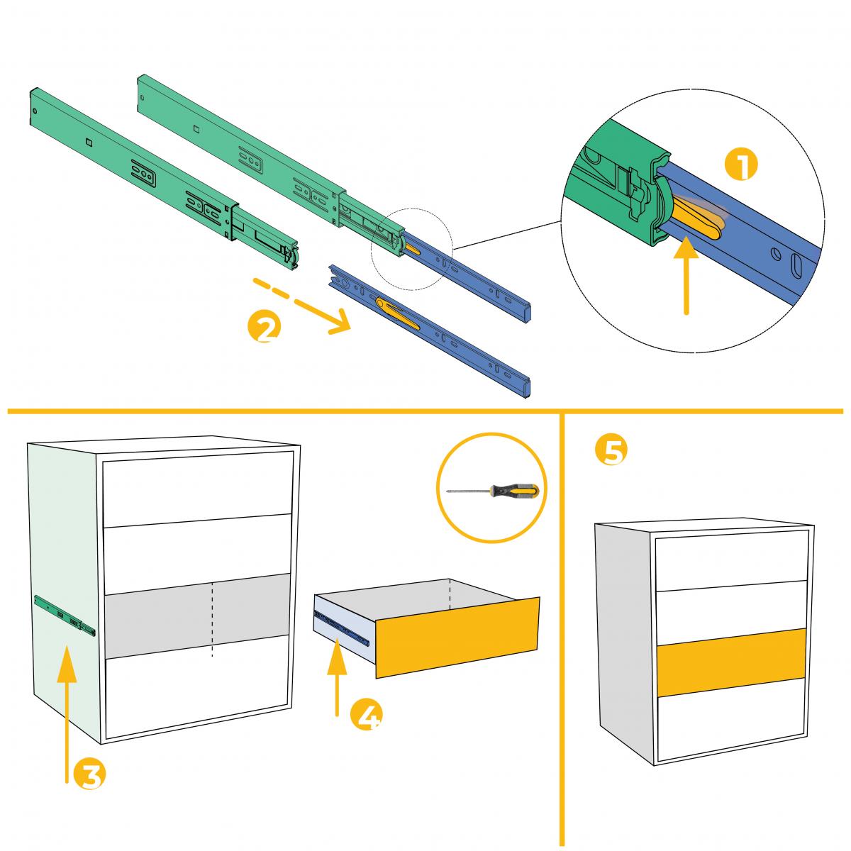 Juego de guías de bolas para cajones con extracción total, altura 45 mm