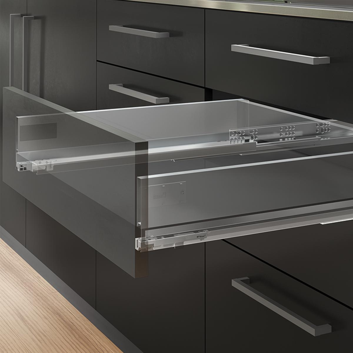 Kit de cajón para cocina o baño Vertex de altura 93mm con tableros incluidos y regulación 3D