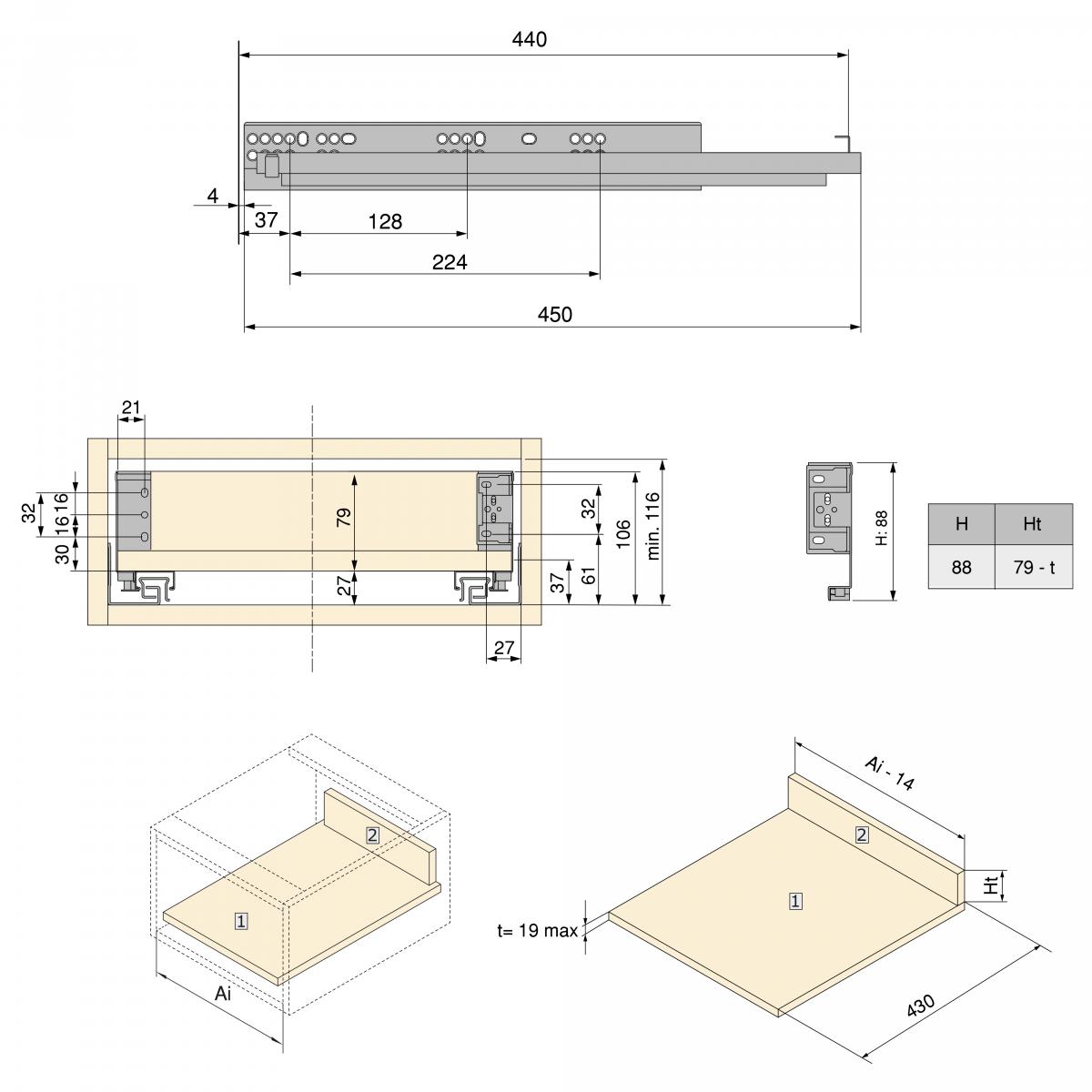 Cajón exterior Simplex 25 kg de altura 88 mm