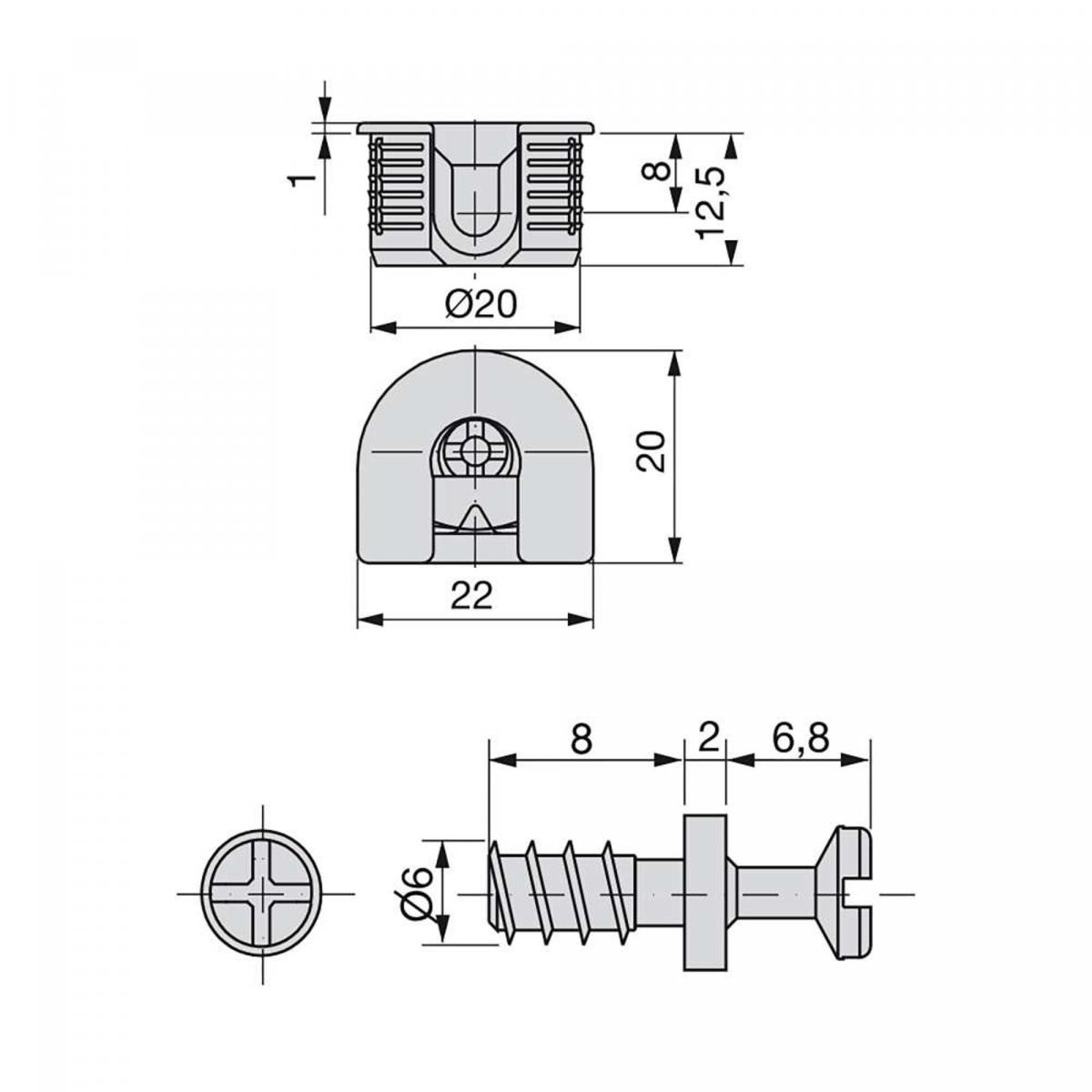 Kit cazoleta de unión Fix  D. 20 x 12,5 mm y pernos D. 6 mm