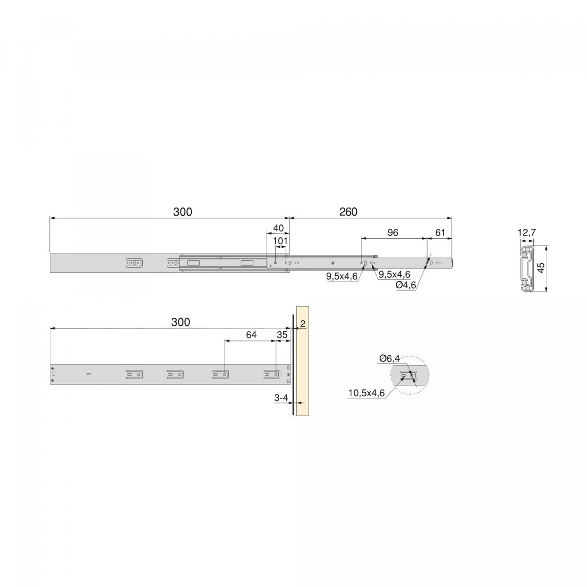 Juego de guías de bolas para cajones, extracción total, con push, cierre suave, 45 mm.