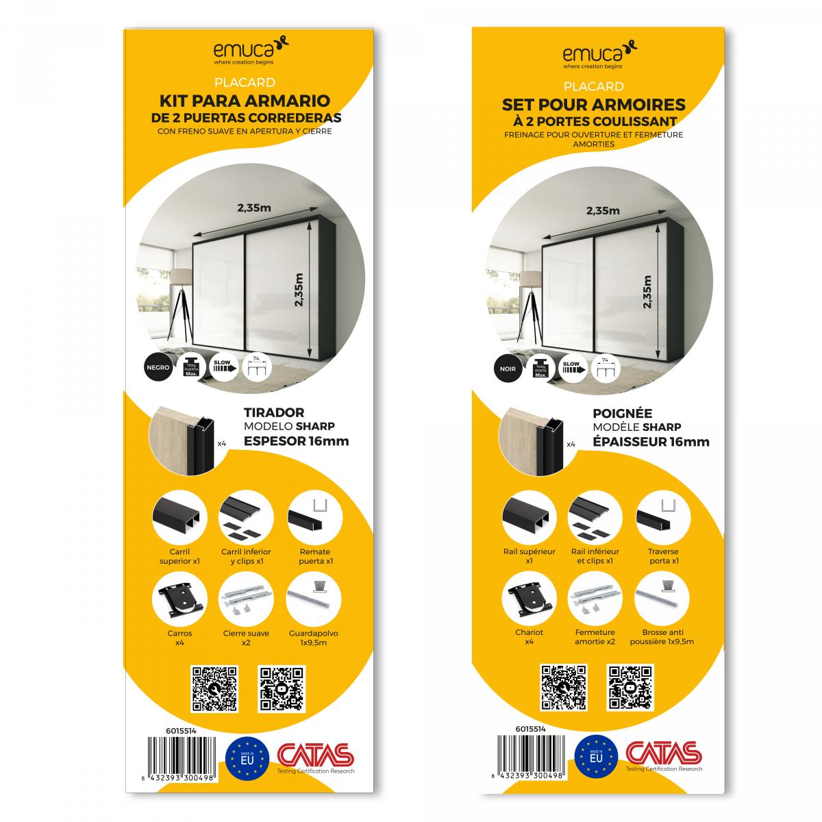 Sistema corredero para armario de 2 puertas con rodadura inferior Placard 74 con tirador Sharp y cierre suave