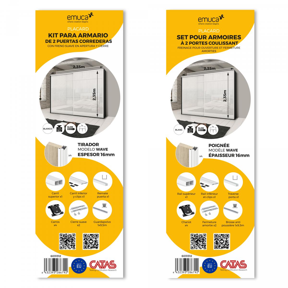 Sistema corredero para armario 2 puertas rodadura inferior Placard 74 con perfiles Wave y cierre suave