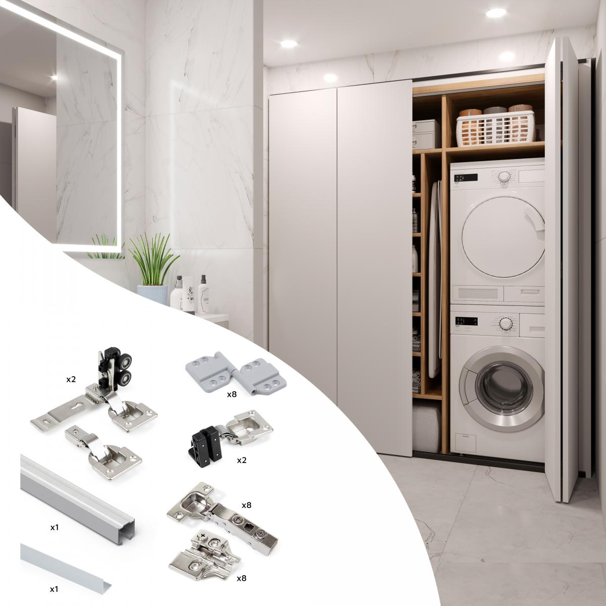 Sistema Twofold en formato kit para 2 puertas correderas de madera colgadas y plegables con cierre suave