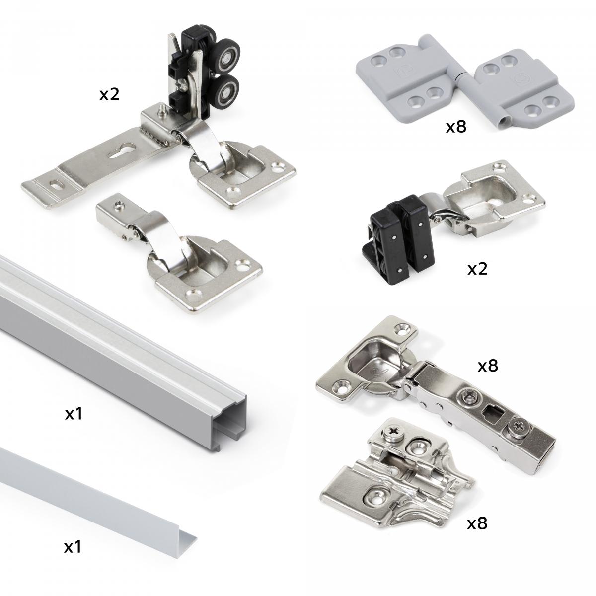 Sistema Twofold en formato kit para 2 puertas correderas de madera colgadas y plegables con cierre suave