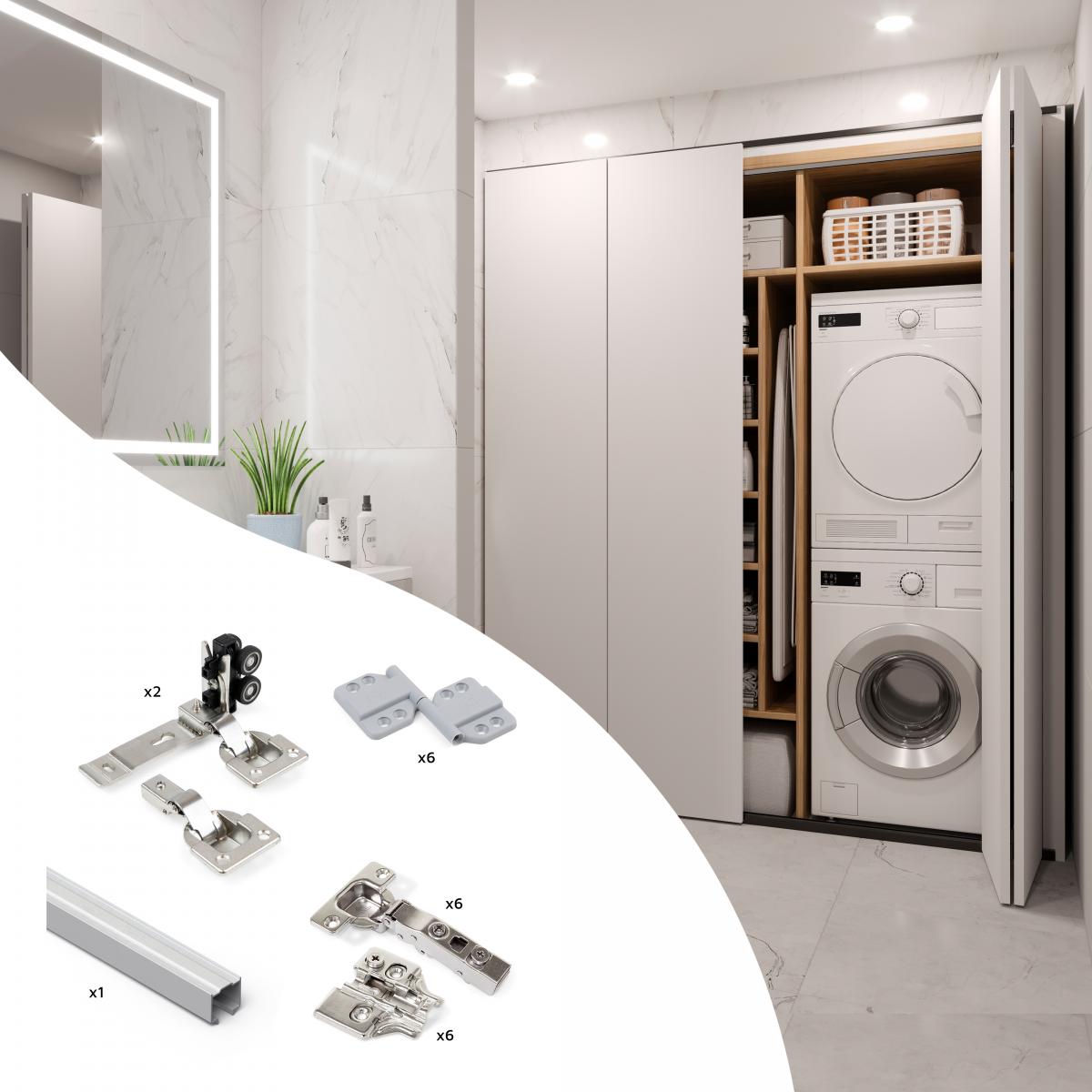Sistema Twofold en formato kit para 2 puertas correderas de madera colgadas y plegables con cierre suave