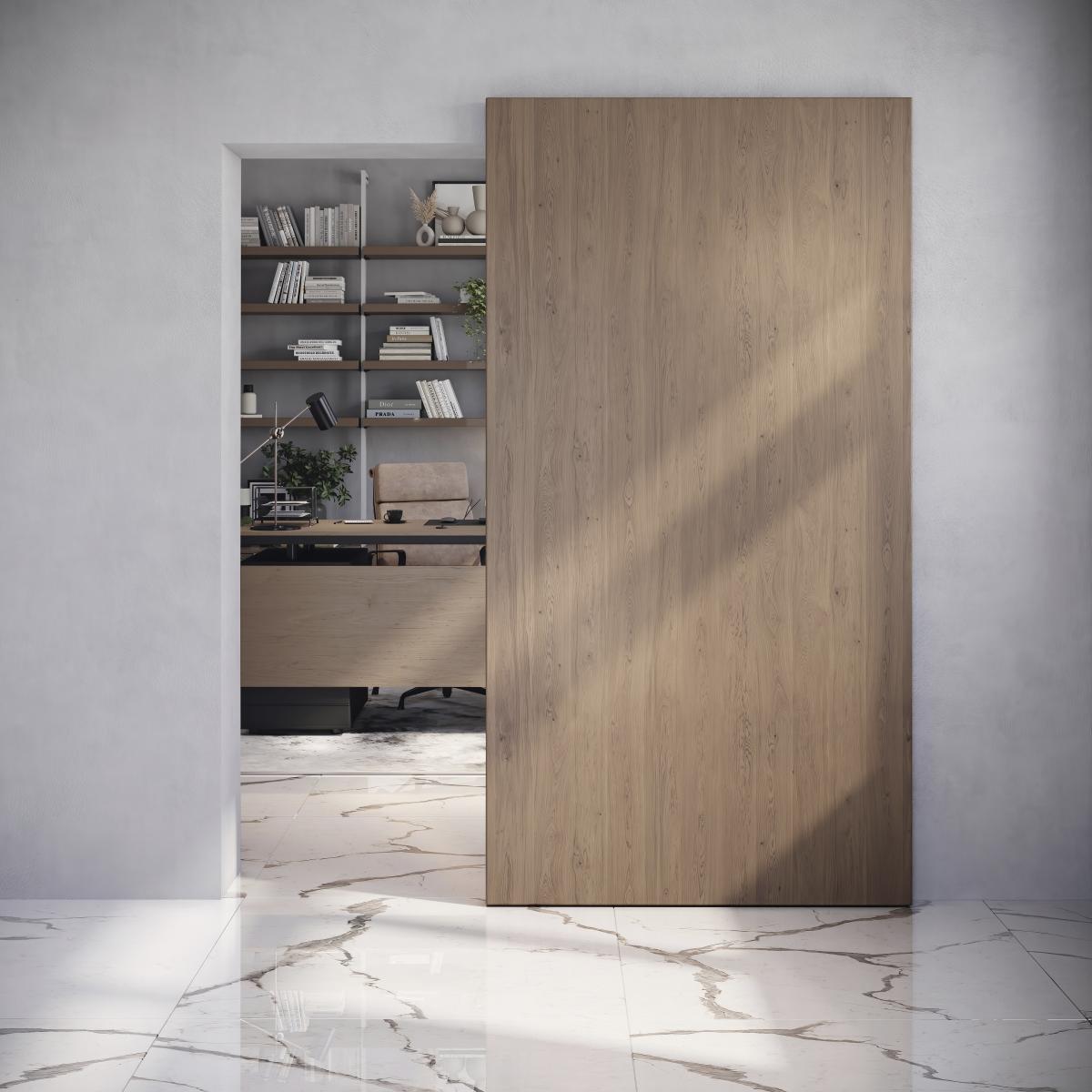 Sistema Wall para puertas correderas colgadas de madera con cierre suave